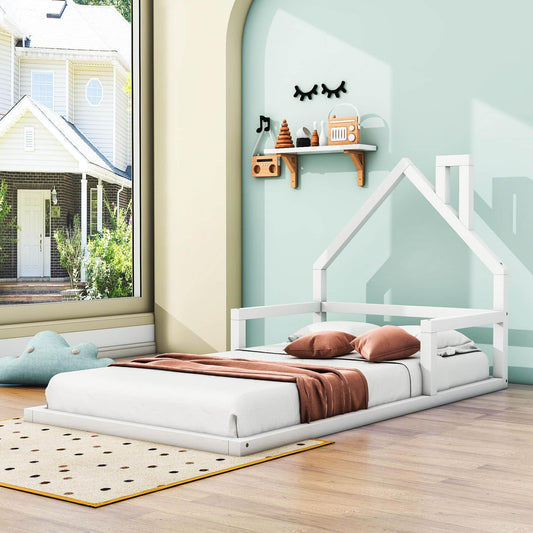 Wood Twin Toddler Floor Bed Frame with Rails and House-Shaped Headboard