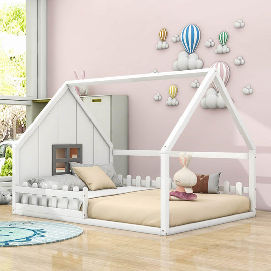 Full Size Wood House Floor Bed Frame with Rails for Toddler, Kids