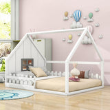 Full Size Wood House Floor Bed Frame with Rails for Toddler, Kids