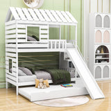 Twin Over Twin House Bunk Beds with Slide and Stairs, Trundle for Kids - [Wooden]