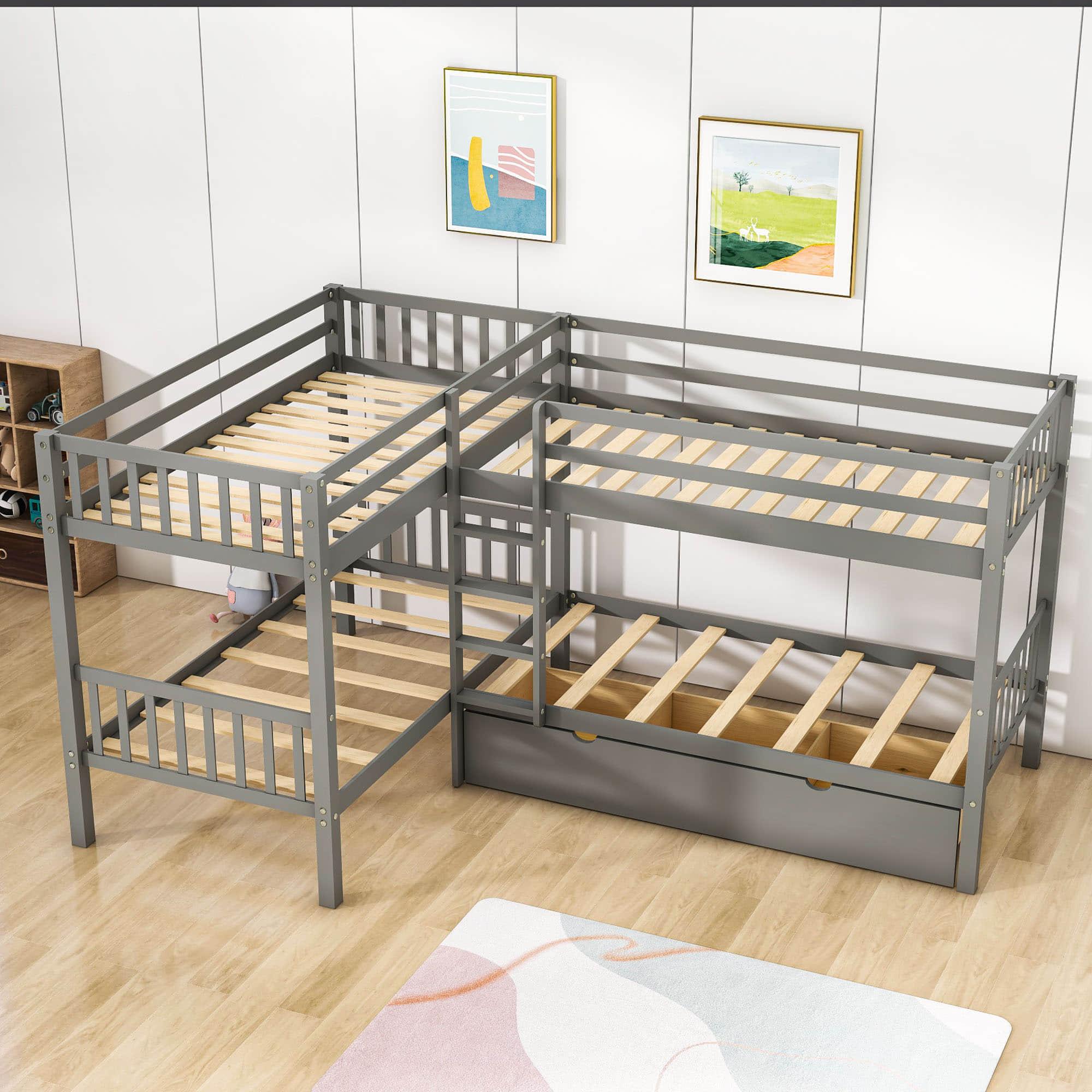 Twin L-Shaped Quad Bunk Bed with Storage - [Drawers, Ladder]