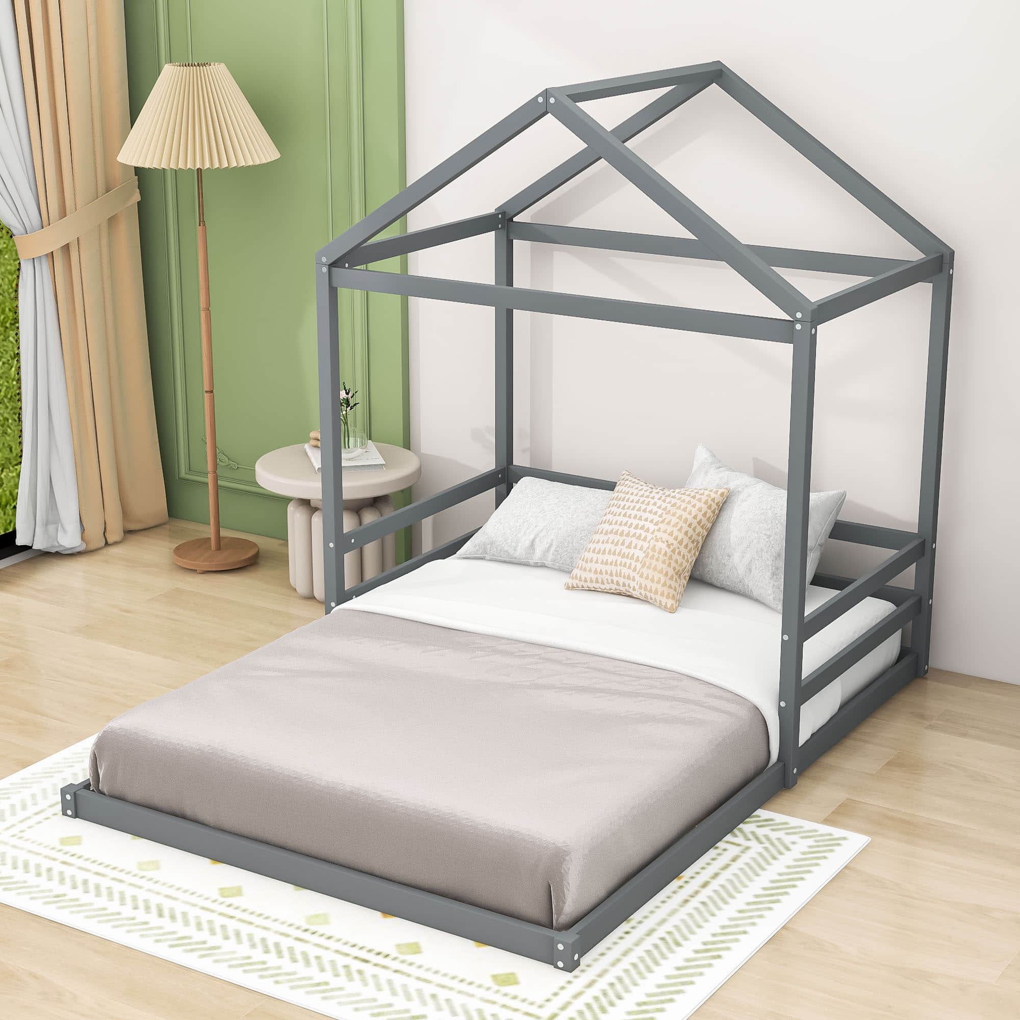 Wood House-Shaped Full Size Toddler Floor Bed with Rails