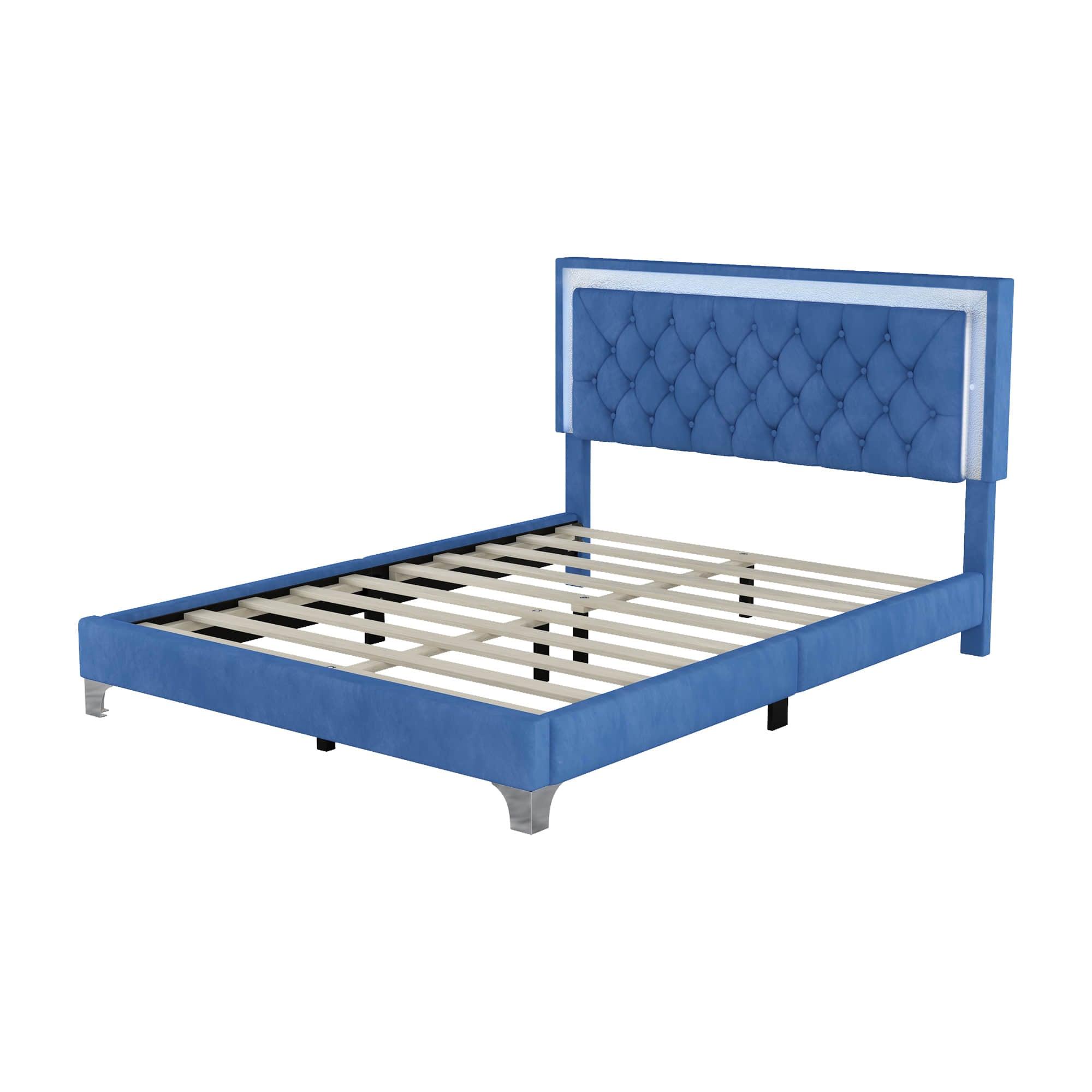 Modern Queen Size Upholstered Bed Frame with LED Lights and Headboard