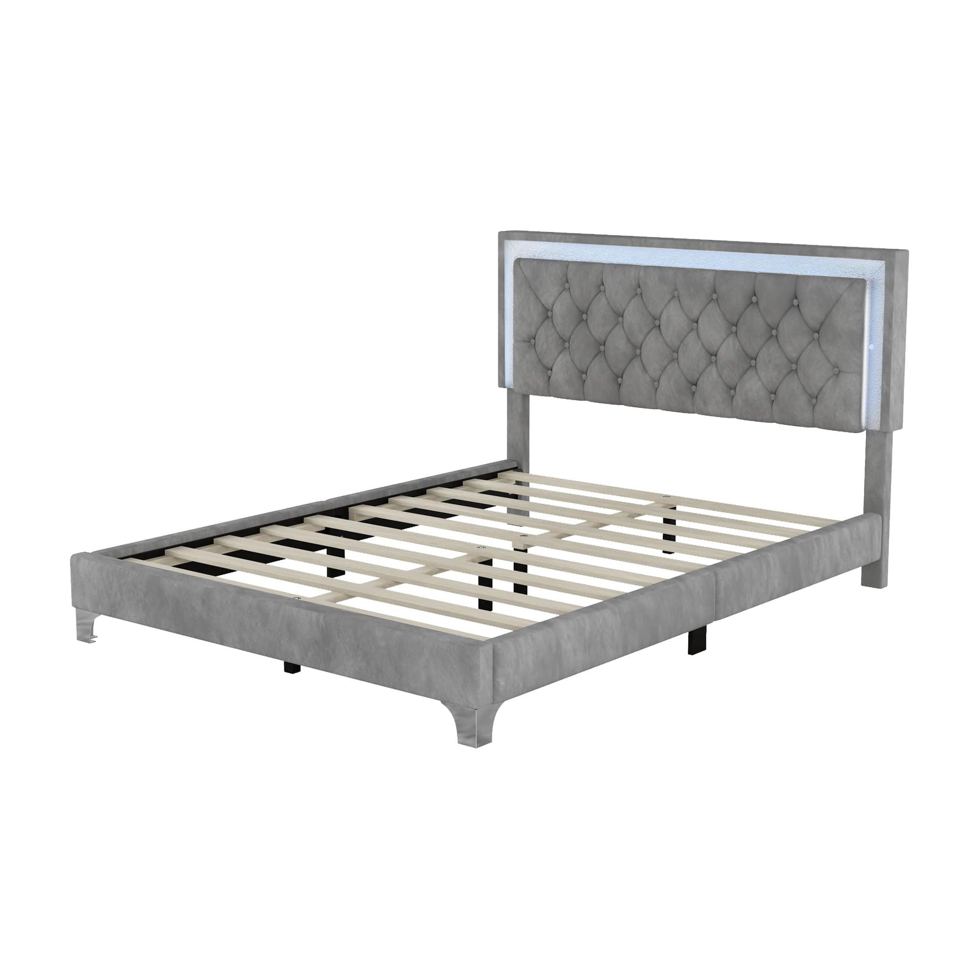 Modern Queen Size Upholstered Bed Frame with LED Lights and Headboard