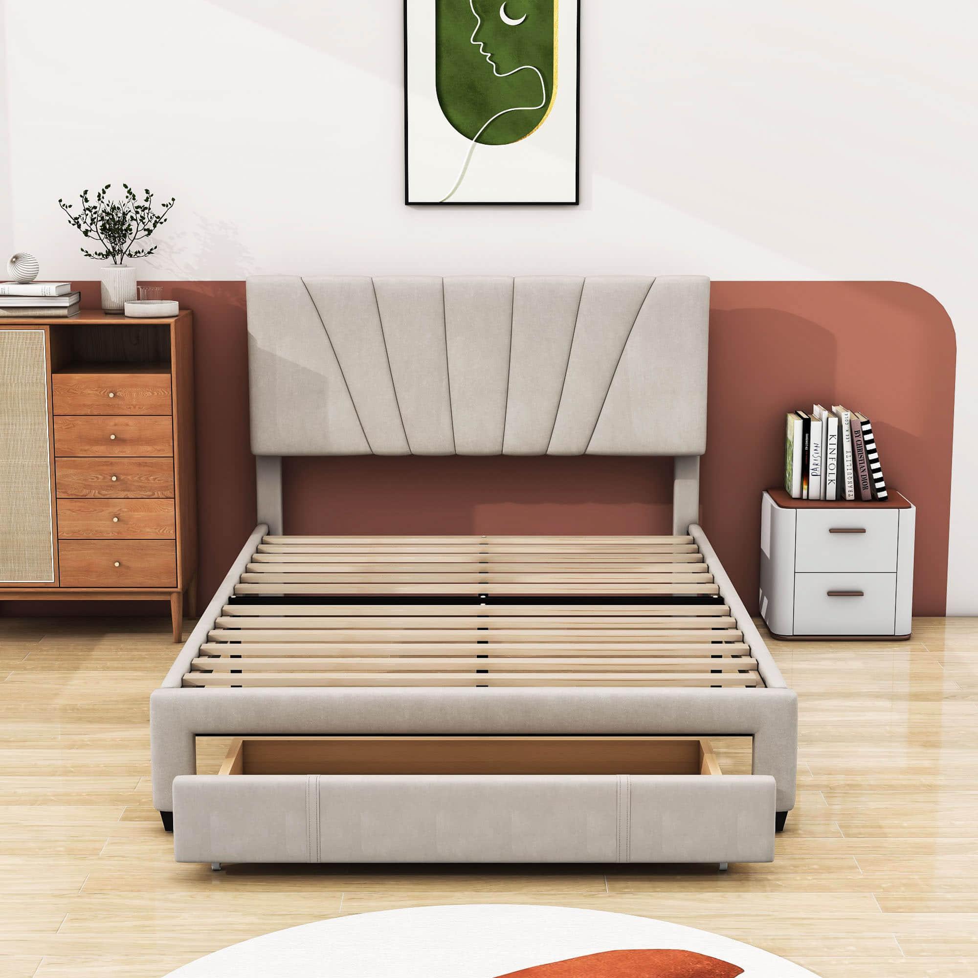 Modern Queen Size Velvet Upholstered Bed Frame with Headboard and Storage