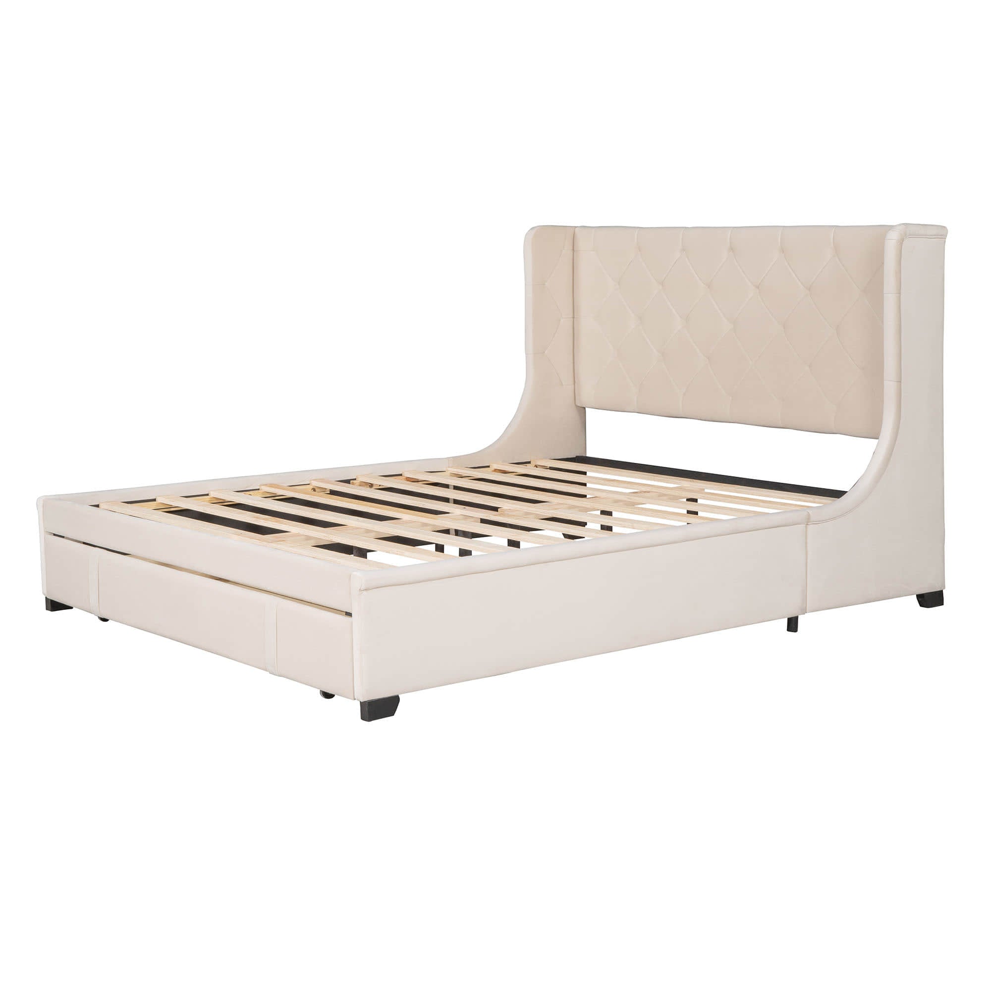 Queen Upholstered Bed Frame with Wingback Headboard and Storage