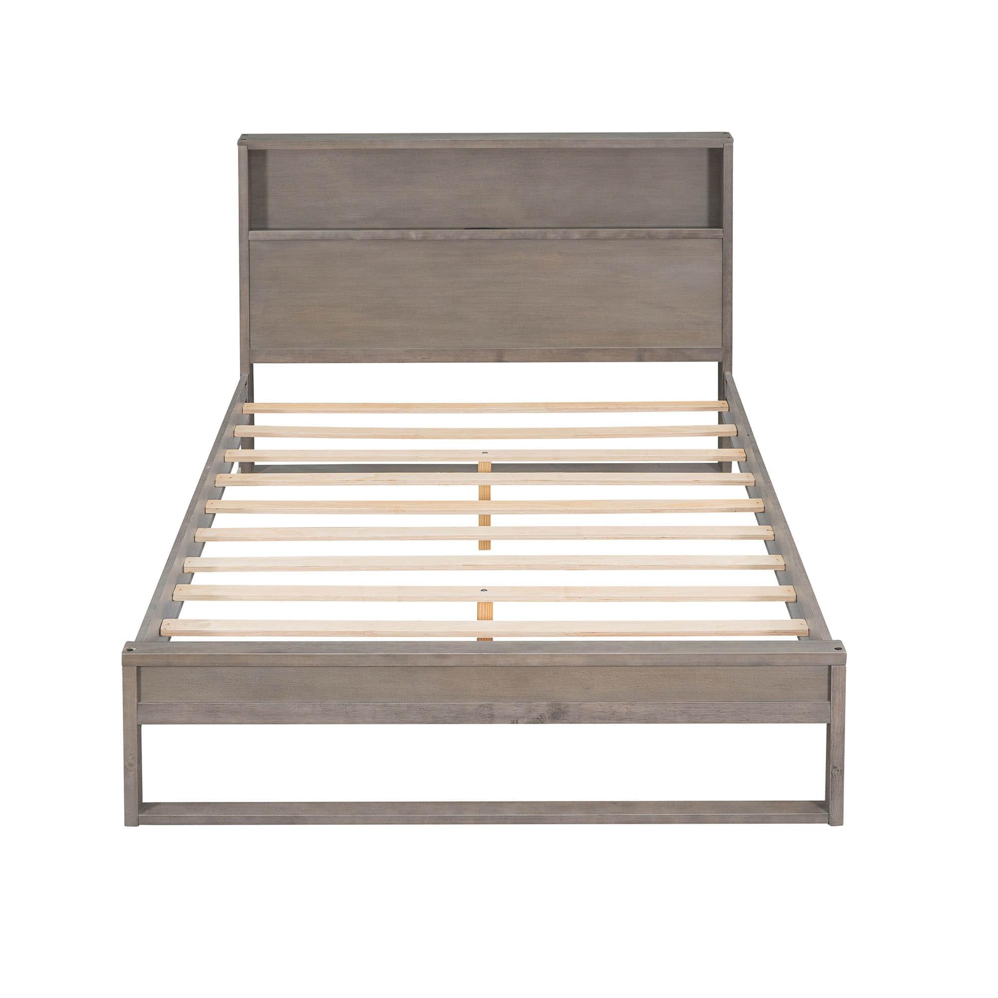 Rustic Farmhouse Full Size Smart Platform Bed with Storage Headboard - [Sockets, USB Ports]