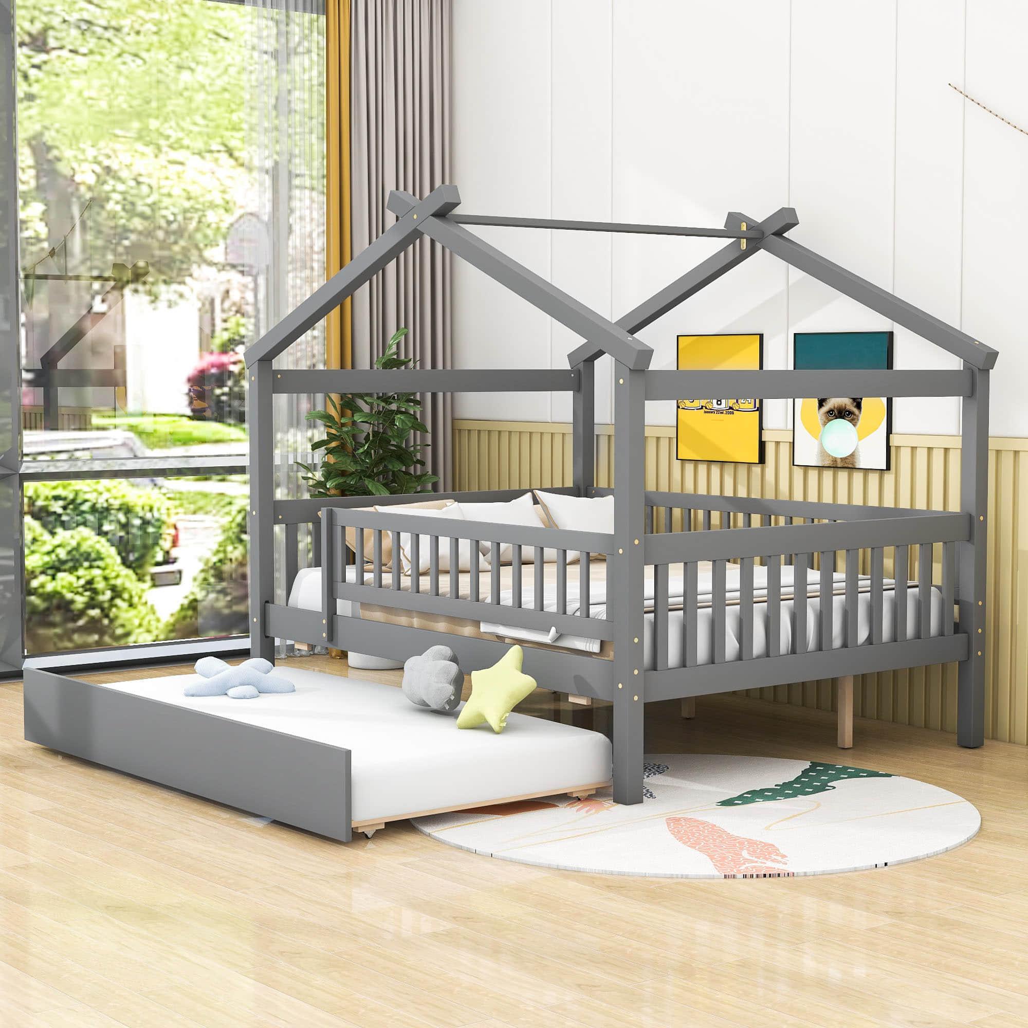 Wooden Full Size House Bed Frame with Twin Trundle for Kids, Toddler