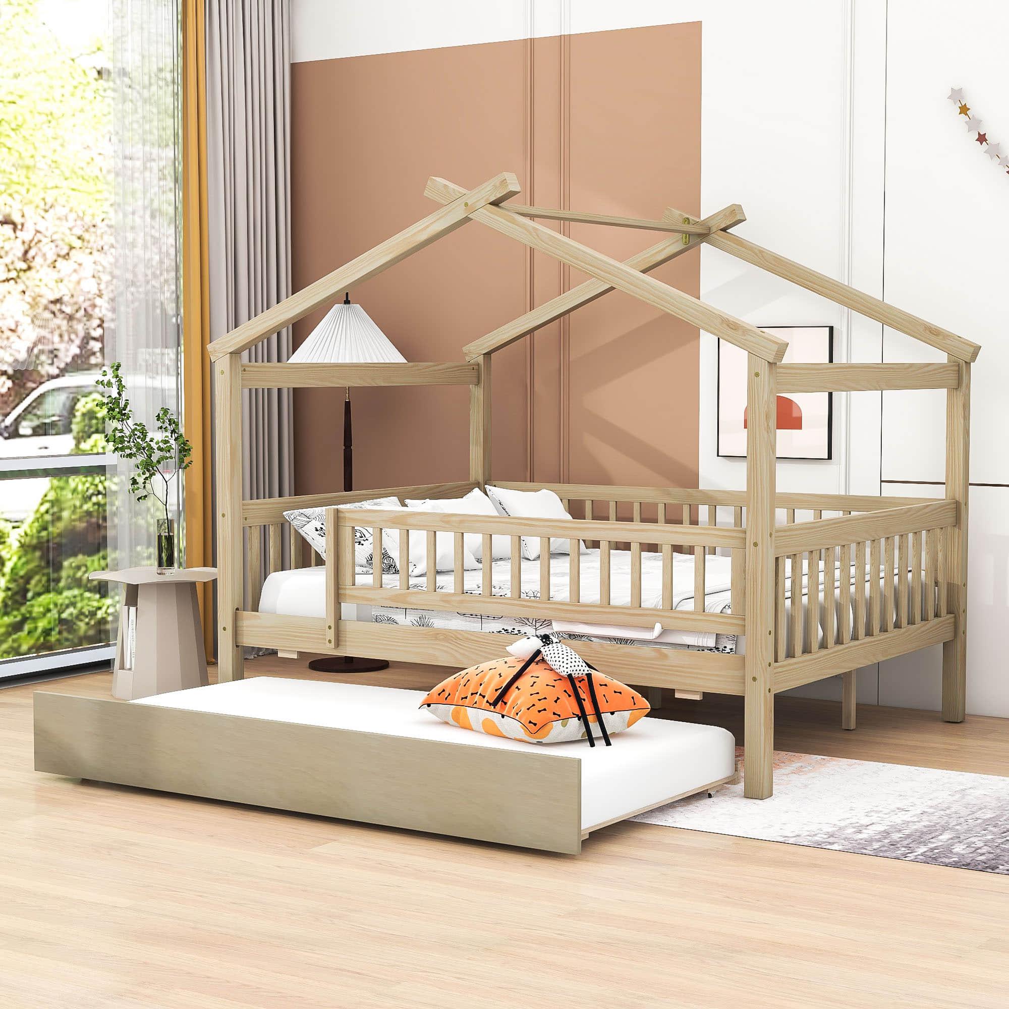 Wooden Full Size House Bed Frame with Twin Trundle for Kids, Toddler