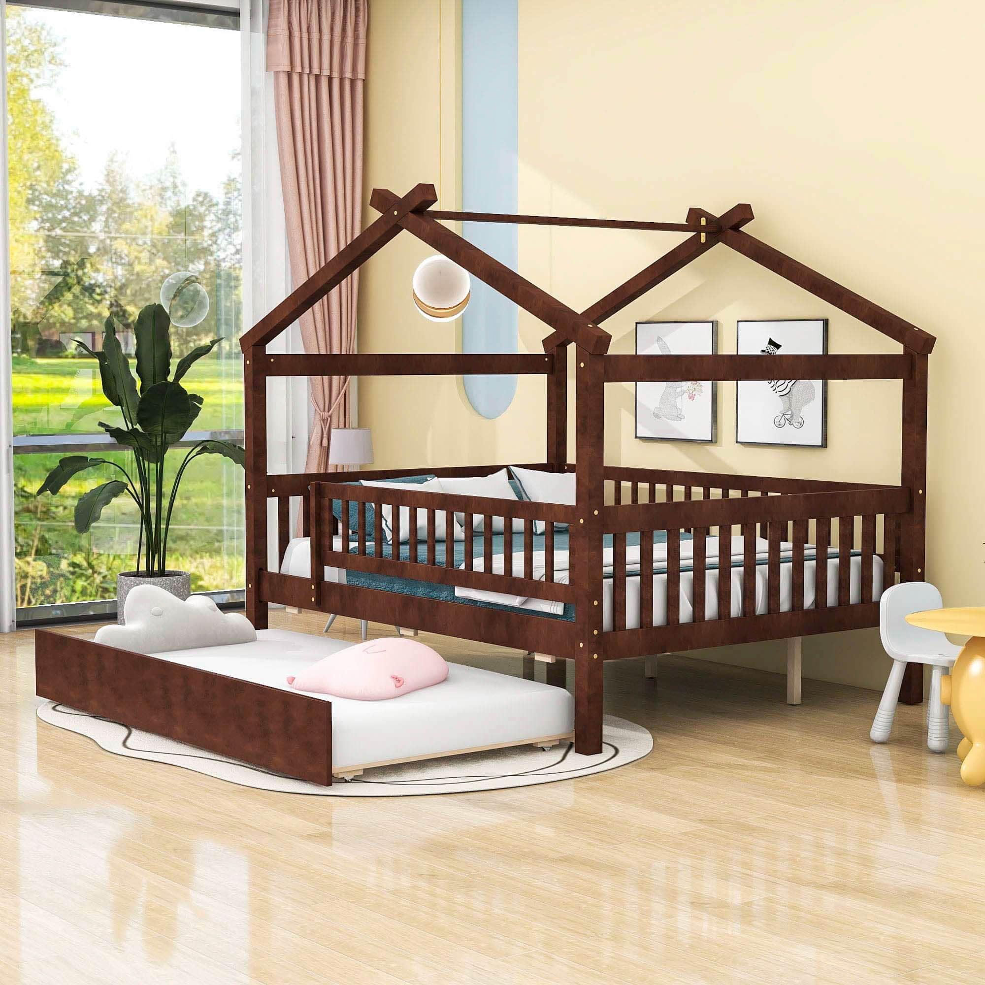 Wooden Full Size House Bed Frame with Twin Trundle for Kids, Toddler