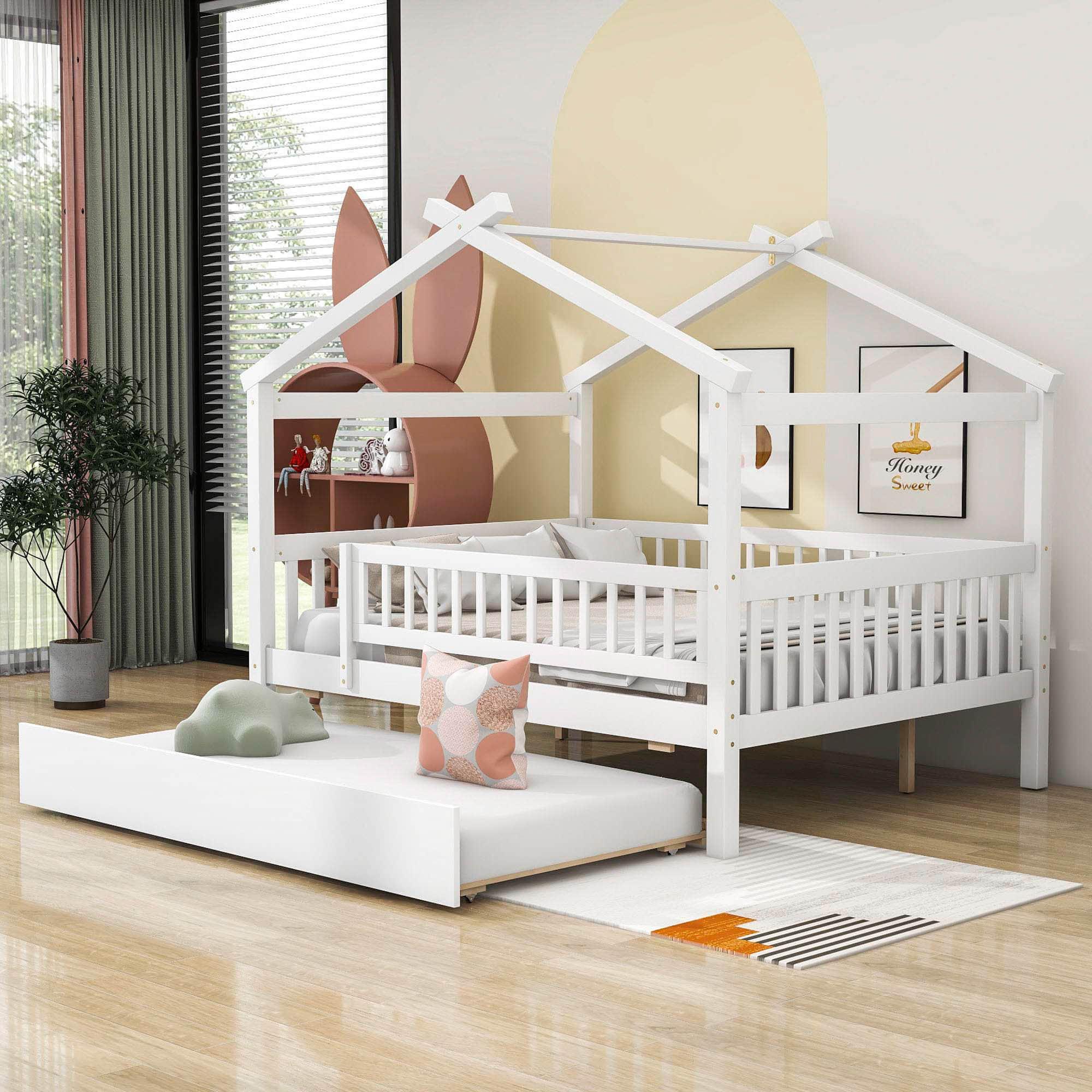 Wooden Full Size House Bed Frame with Twin Trundle for Kids, Toddler