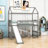 Twin Size Low House Loft Bed with Slide for Kids - [Wood]