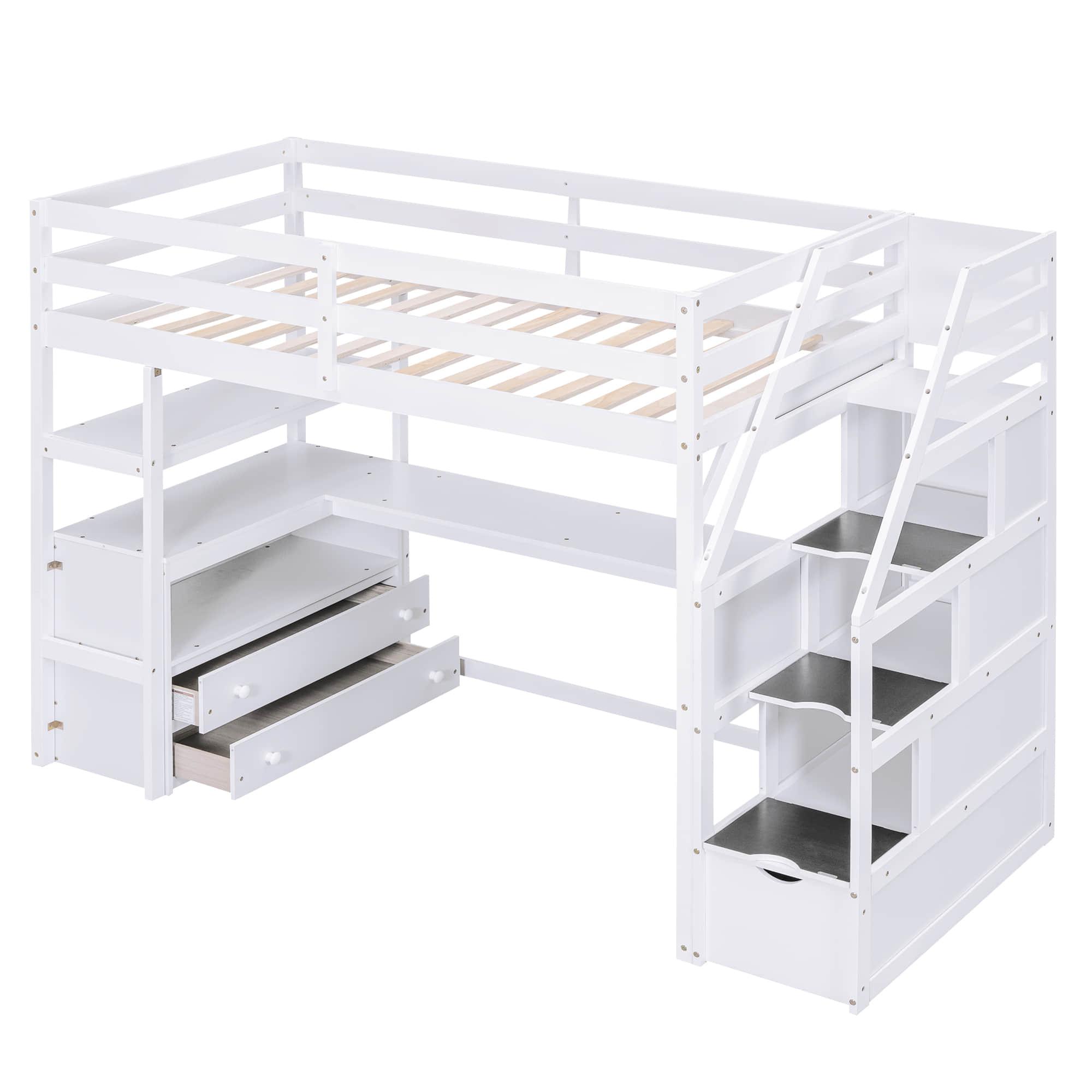 Twin Loft Bed with Desk and Stairs, Storage for Kids, Adults - [Wooden]