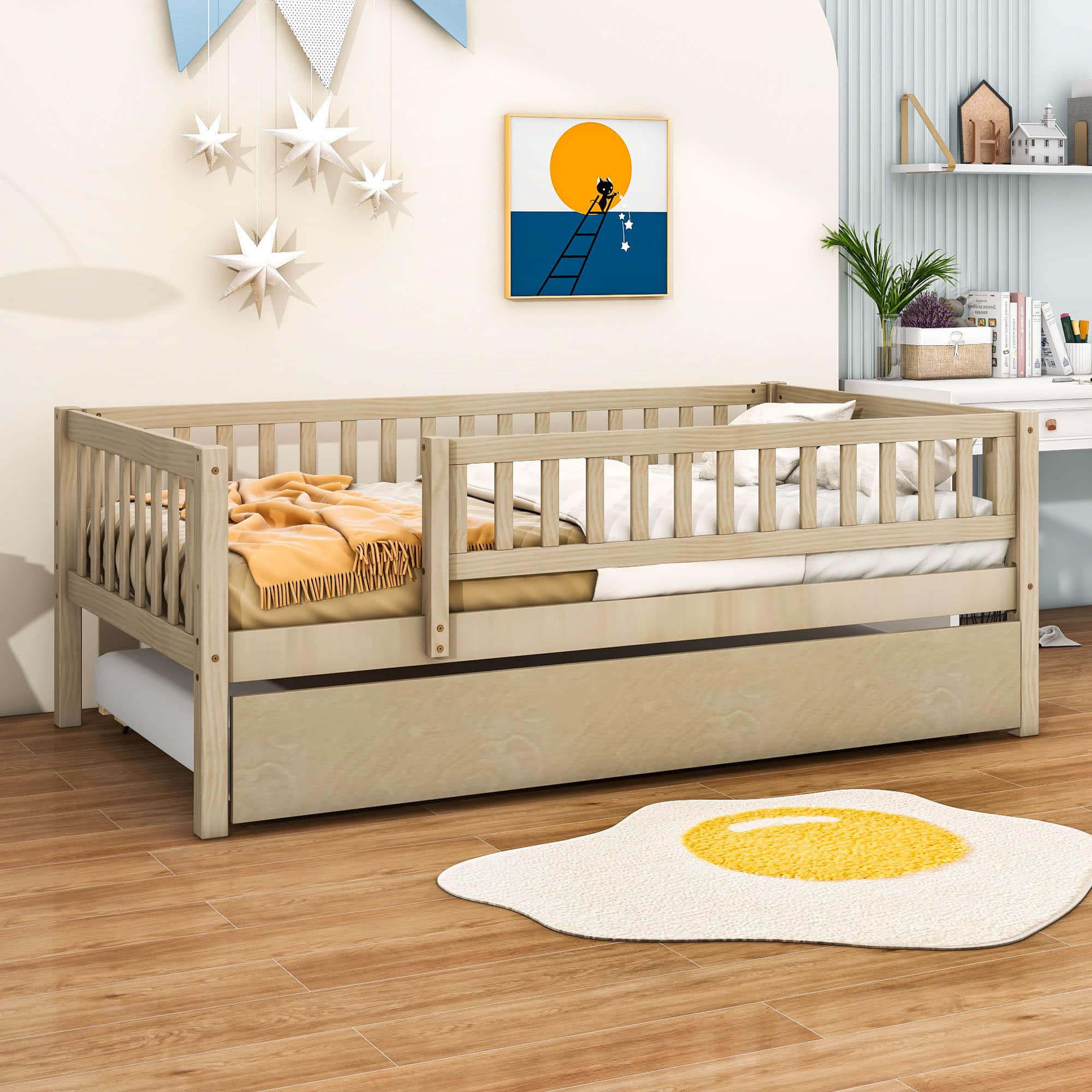 Wooden Twin Low Kids Bed with Twin Size Trundle and Rails