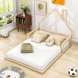 Full Size Toddler Floor Bed Frame with Rails and House-Shaped Headboard