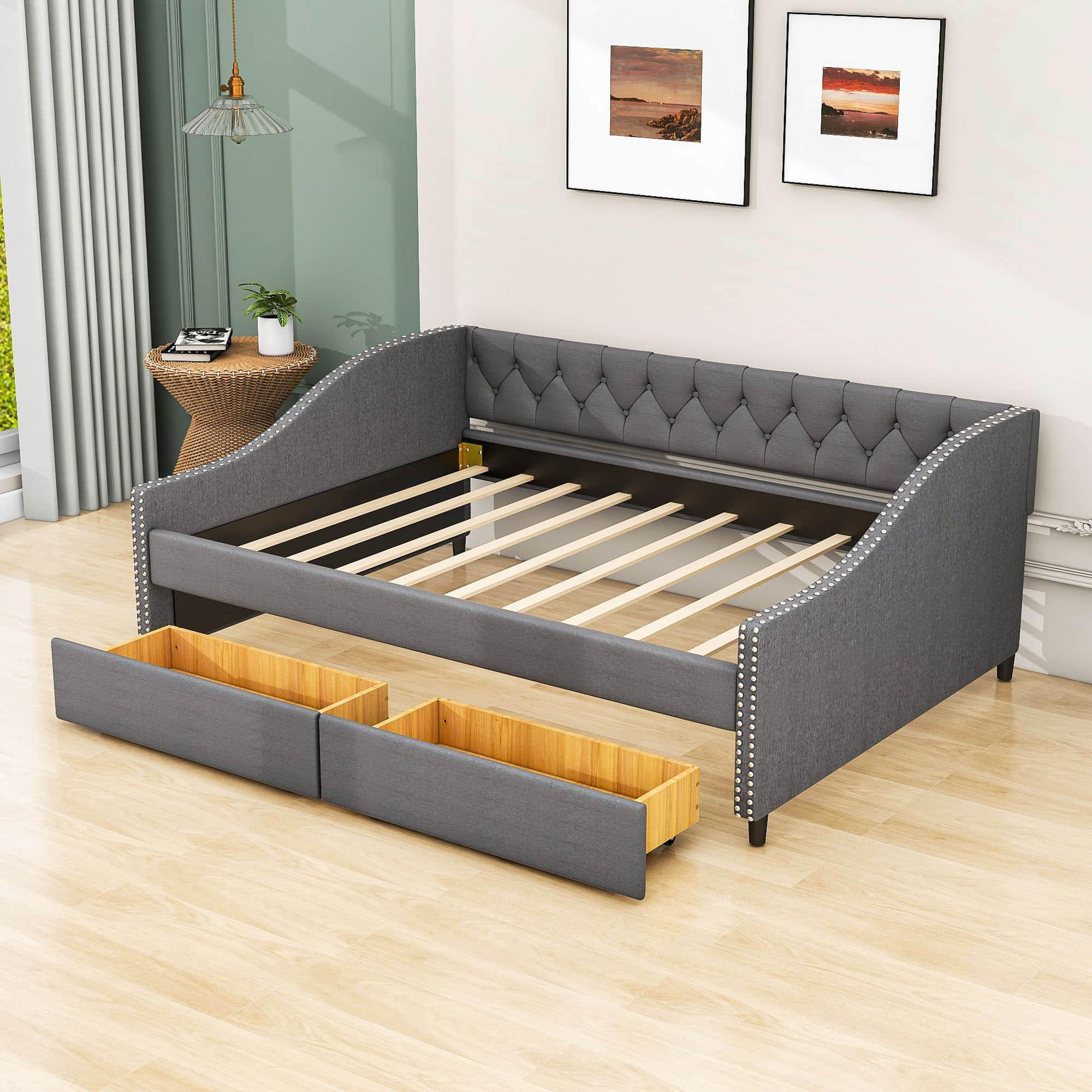 Mid-Century Modern Full Size Upholstered Daybed with Storage Drawers