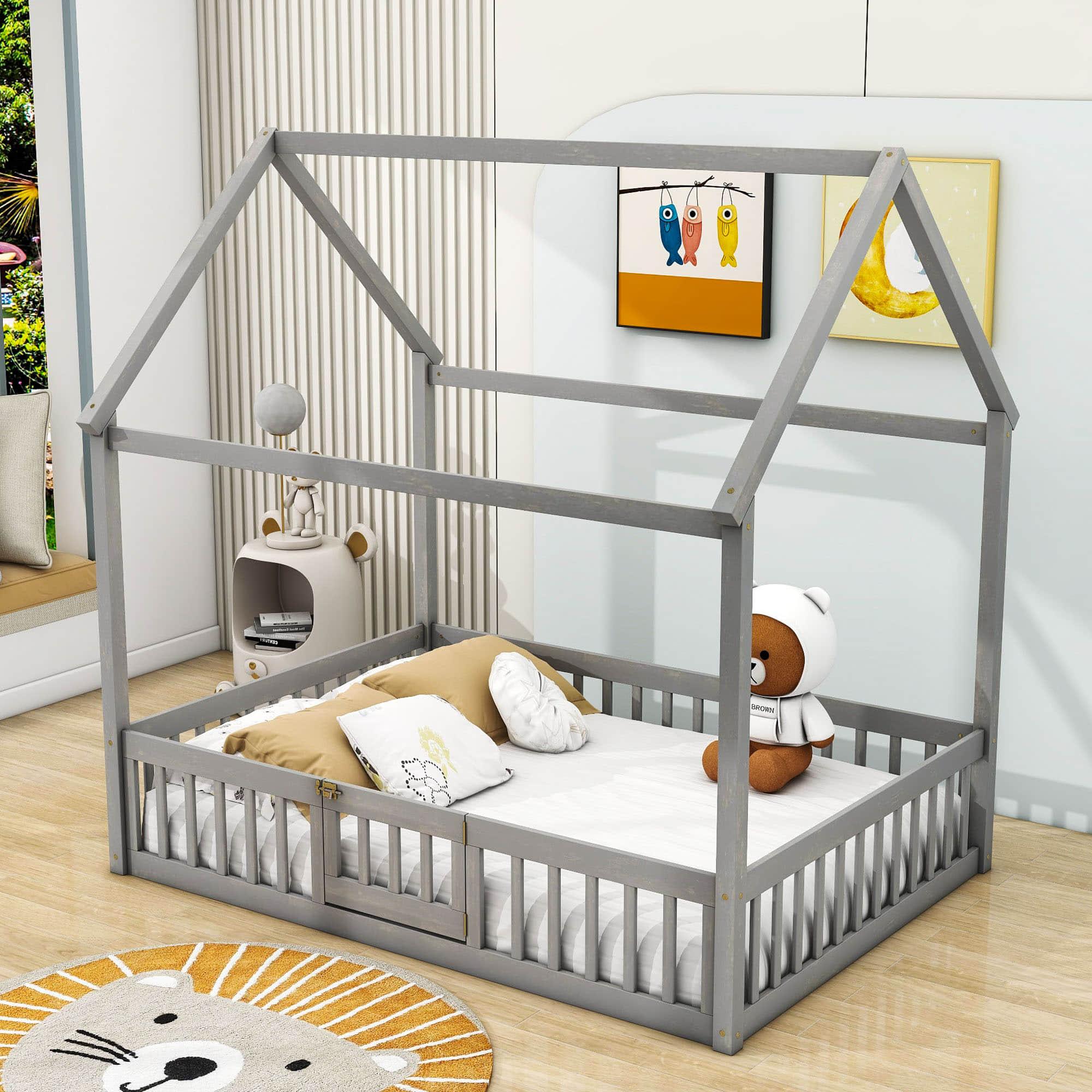 Full Size Wood House Toddler Floor Bed with Rails and Door