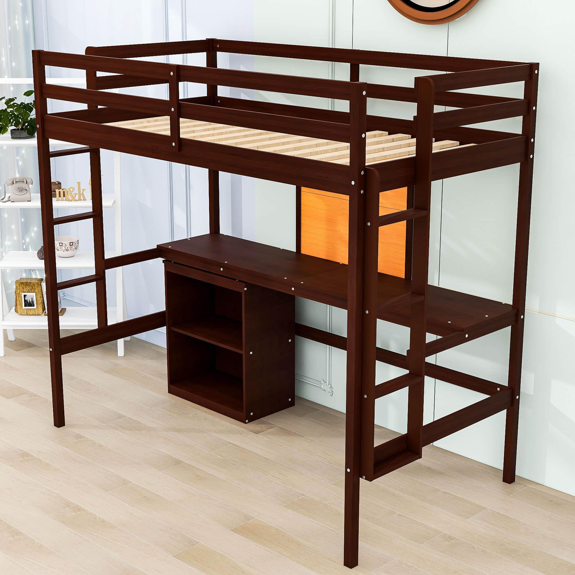 Wood Twin Loft Bed with Desk and Storage for Adults, Kids - [Cabinet]