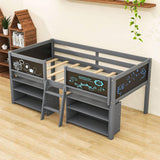 Wooden Low Twin Loft Bed with Detachable Storage Shelves for Kids Toddler