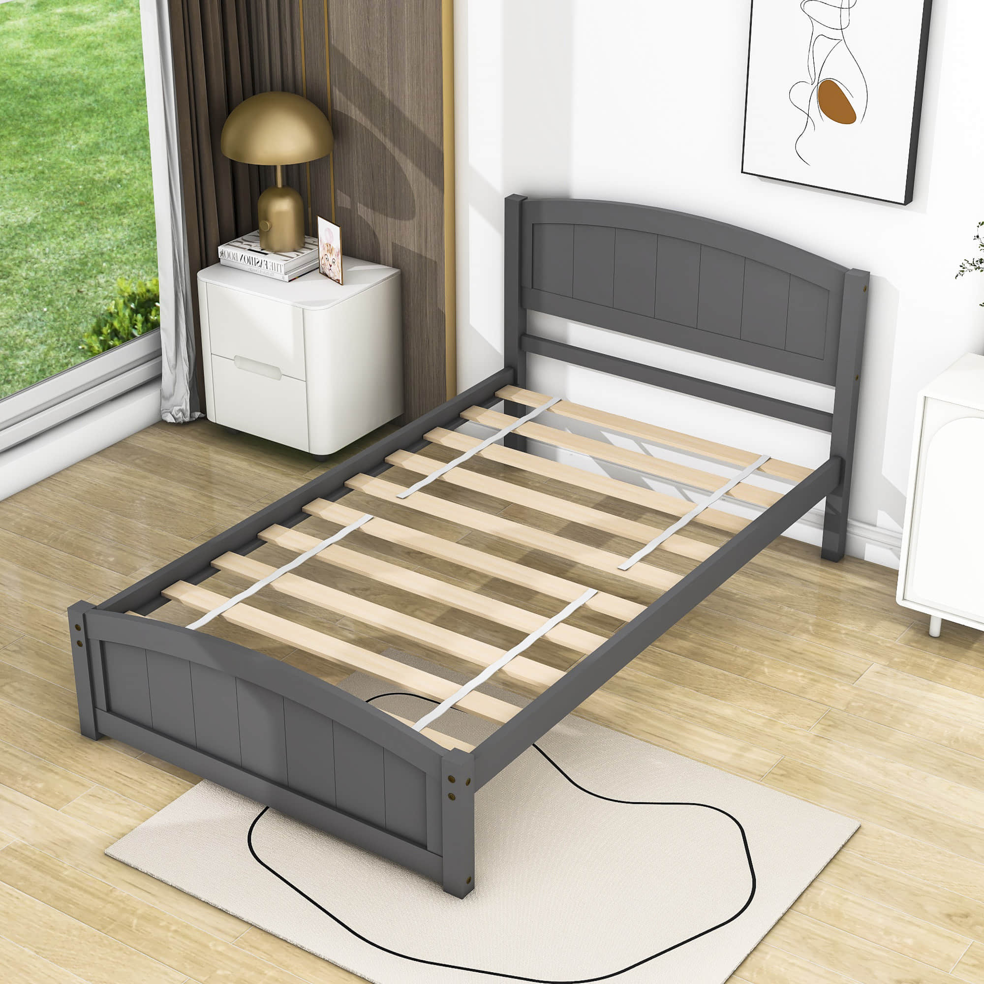 Wood Modern Classic Platform Bed with Headboard for Kids Adults