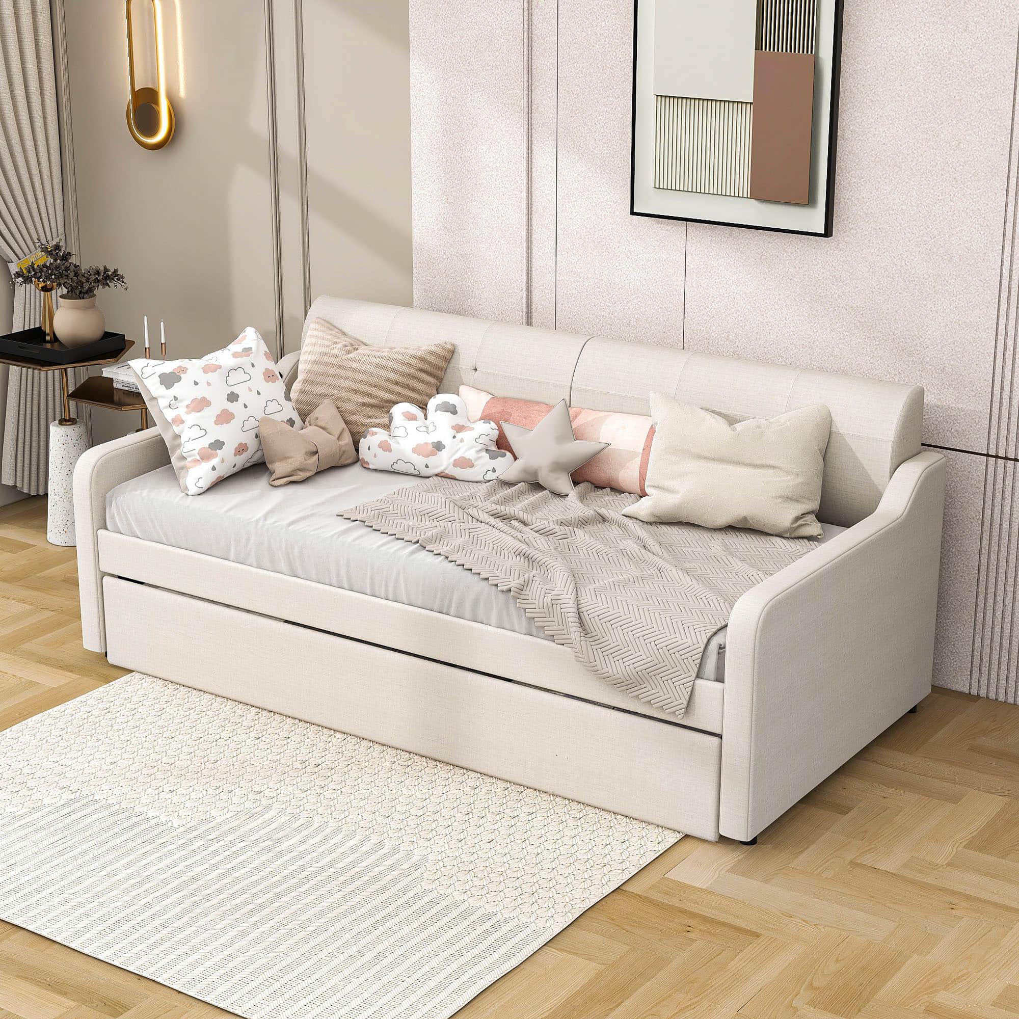 Twin Upholstered Daybed with Convertible Rising Trundle and USB Charging Socket