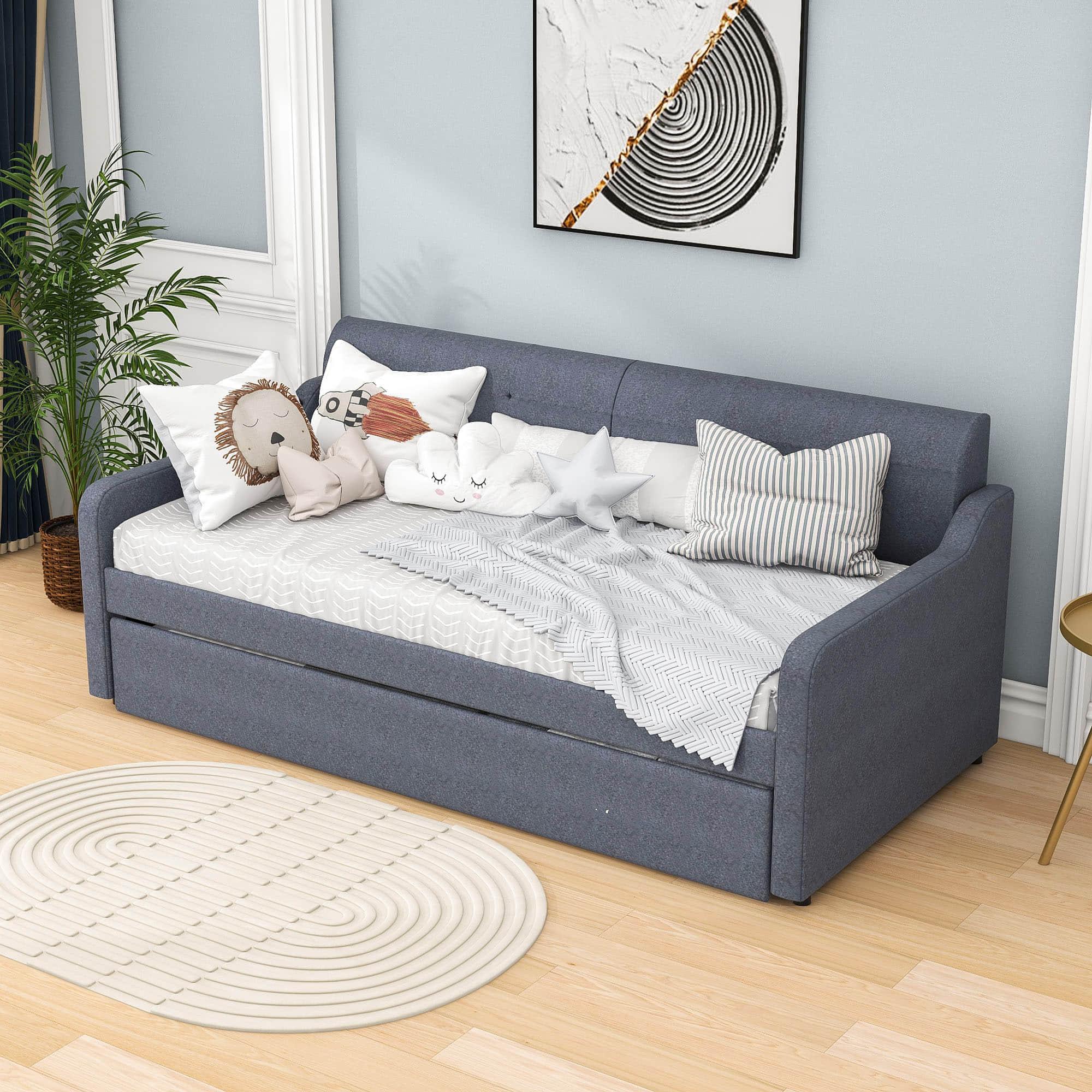 Twin Upholstered Daybed with Convertible Rising Trundle and USB Charging Socket