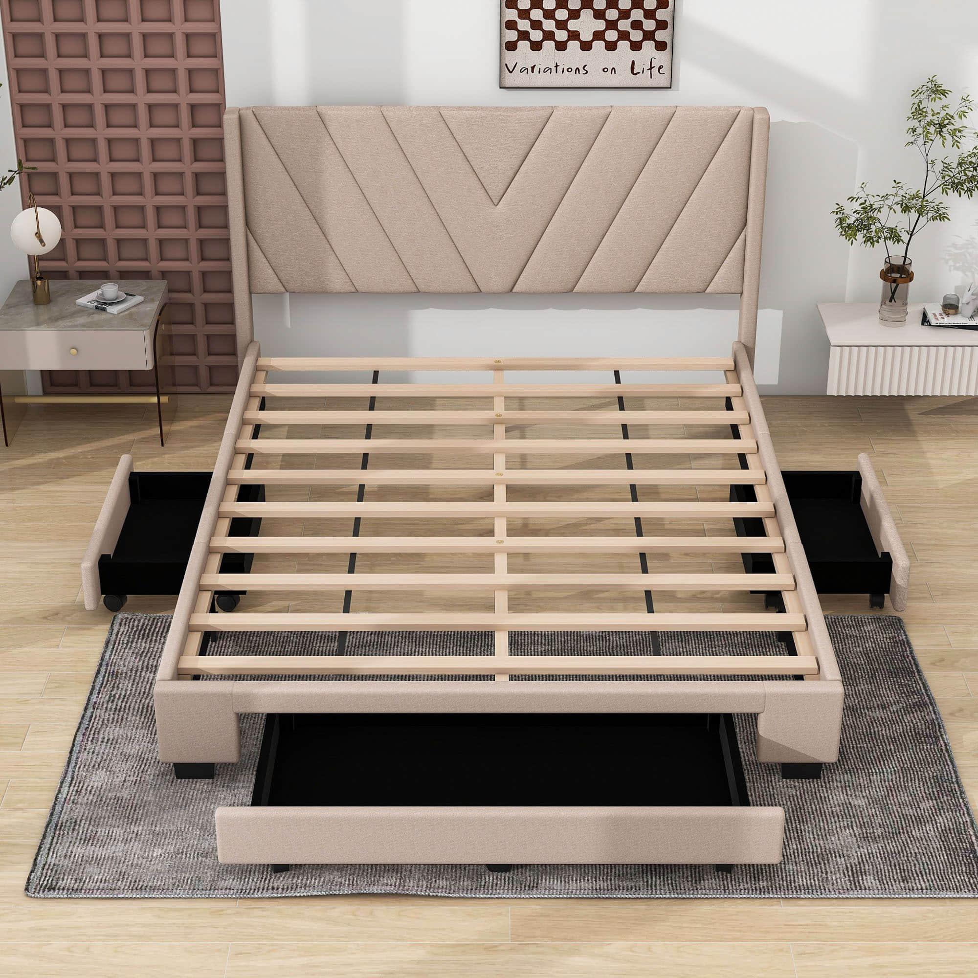 Queen Size Upholstered Platform Bed with Storage and Headboard - [Drawers, Linen]