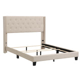 Queen Size Linen Upholstered Bed Frame with Tufted Headboard