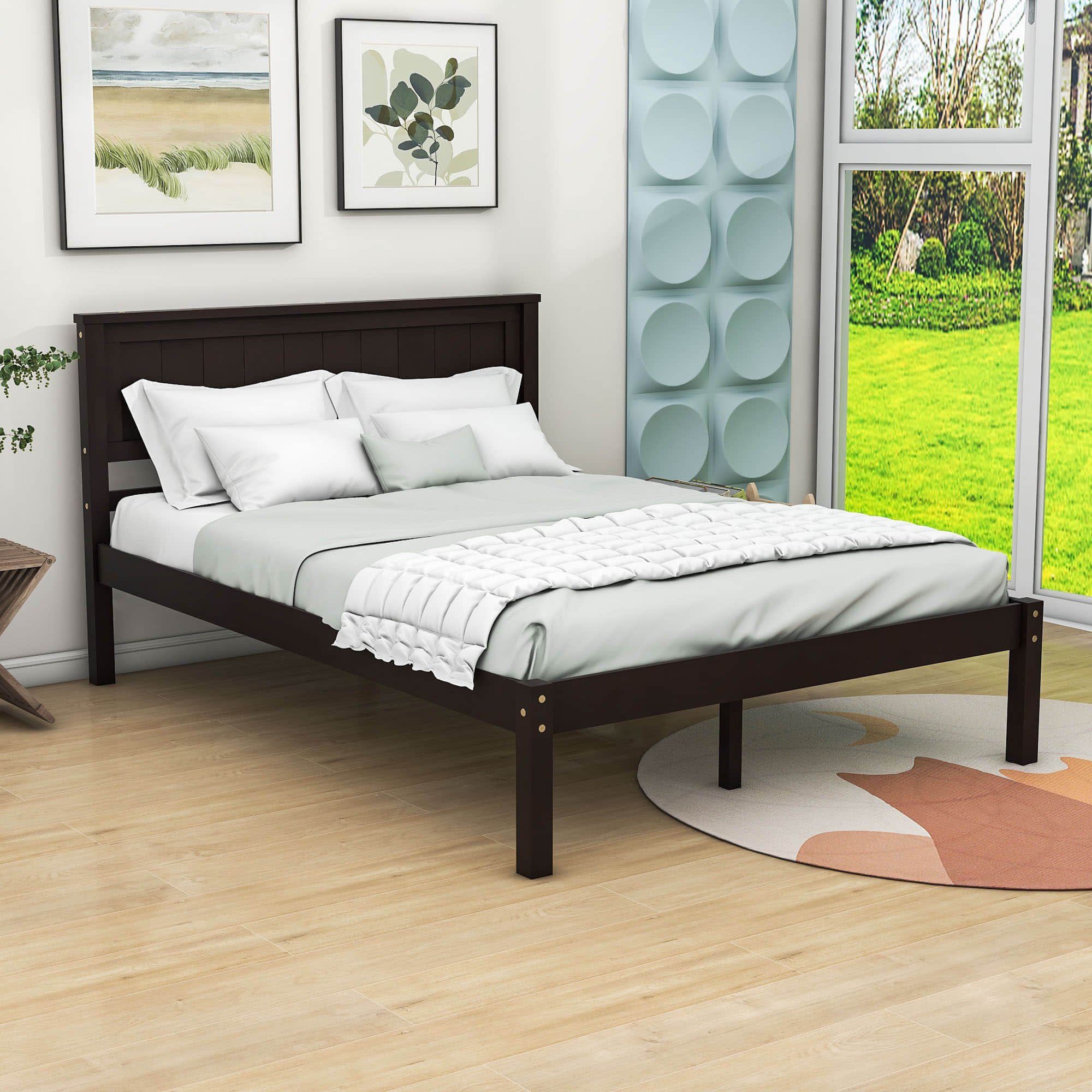 Wood Full Size Vintage Platform Bed Frame with Headboard