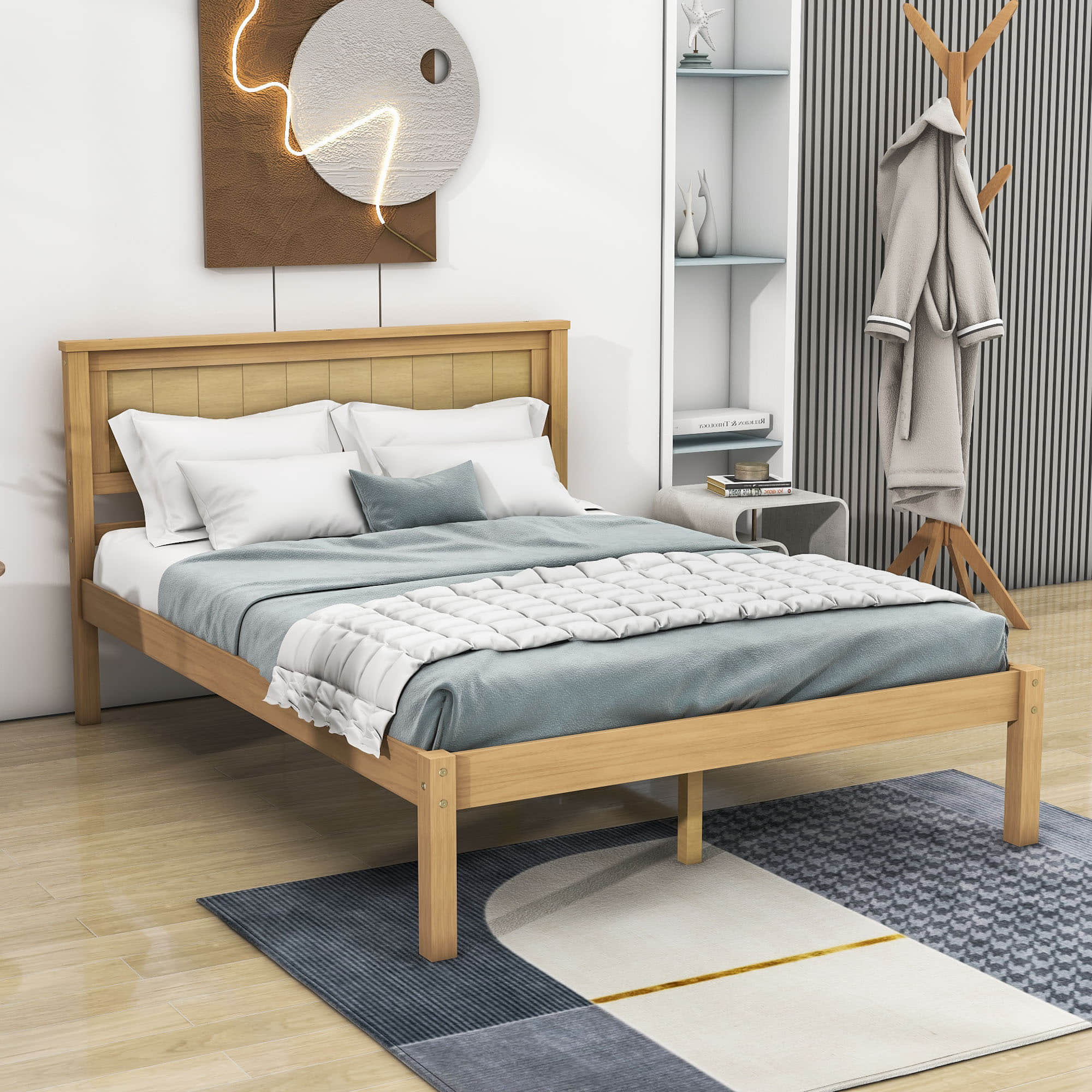 Wood Full Size Vintage Platform Bed Frame with Headboard