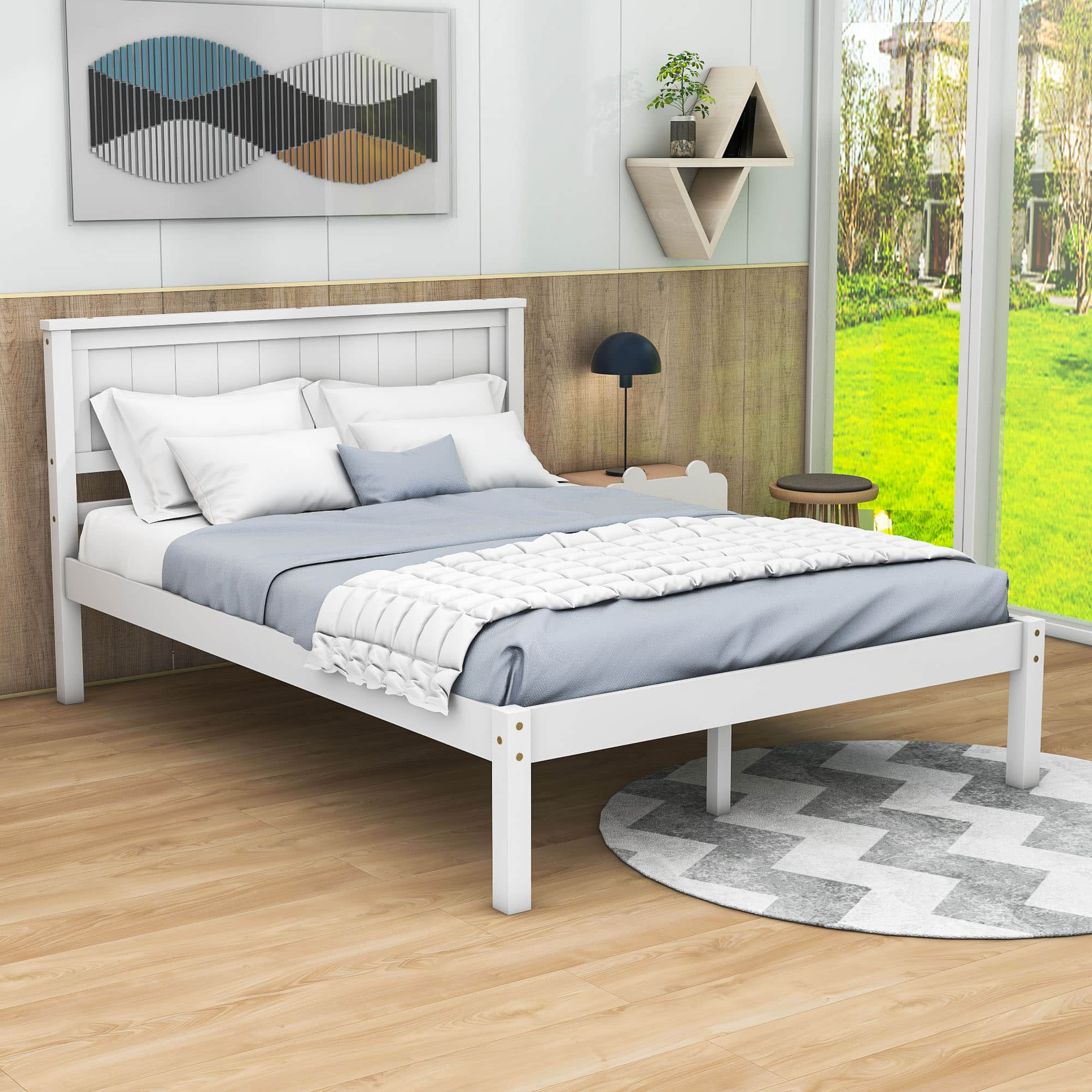 Wood Full Size Vintage Platform Bed Frame with Headboard