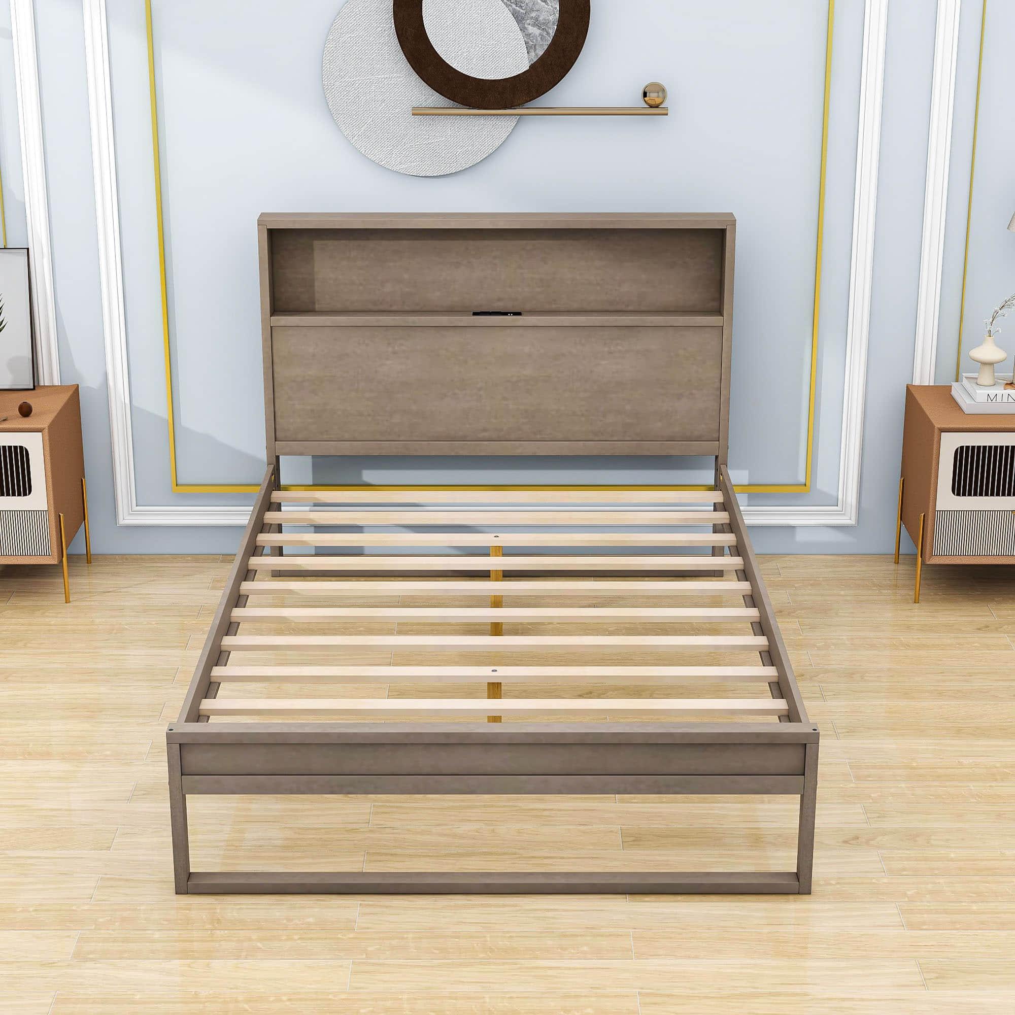 Rustic Farmhouse Full Size Smart Platform Bed with Storage Headboard - [Sockets, USB Ports]