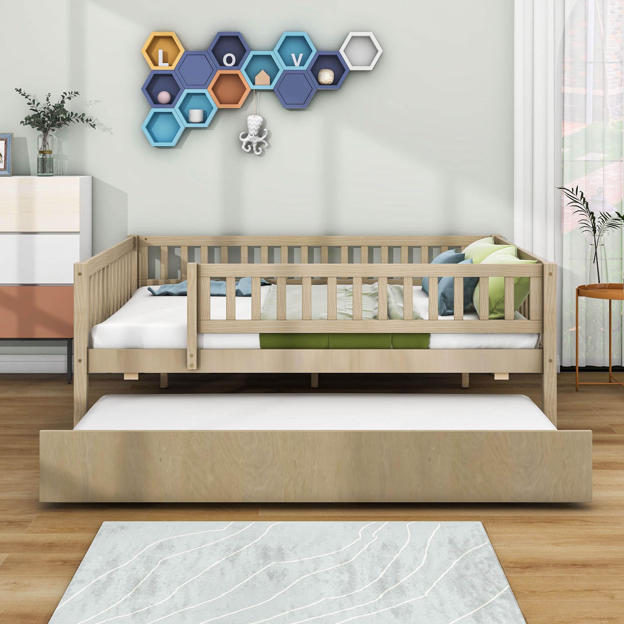 Wooden Full Size Low Kids Bed with Twin Size Trundle and Rails