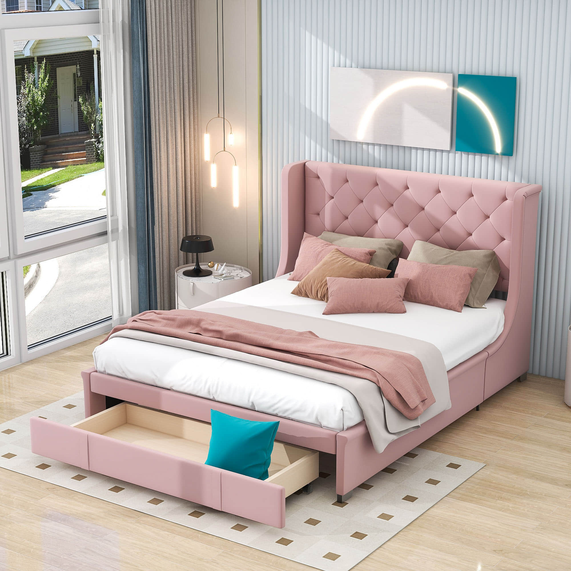 Queen Upholstered Bed Frame with Wingback Headboard and Storage