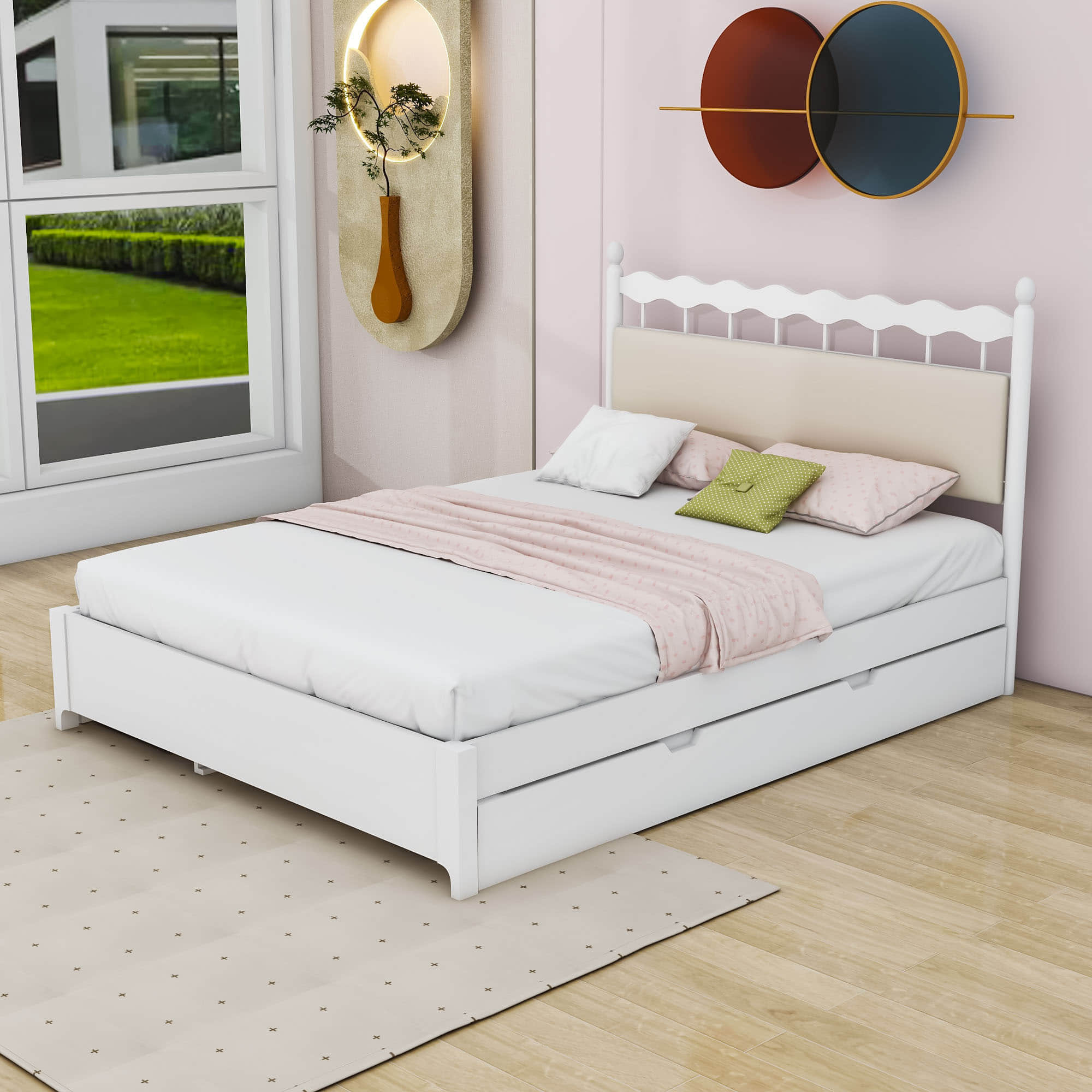 Wooden Queen Storage Bed with Headboard and Storage, Twin Trundle Bed