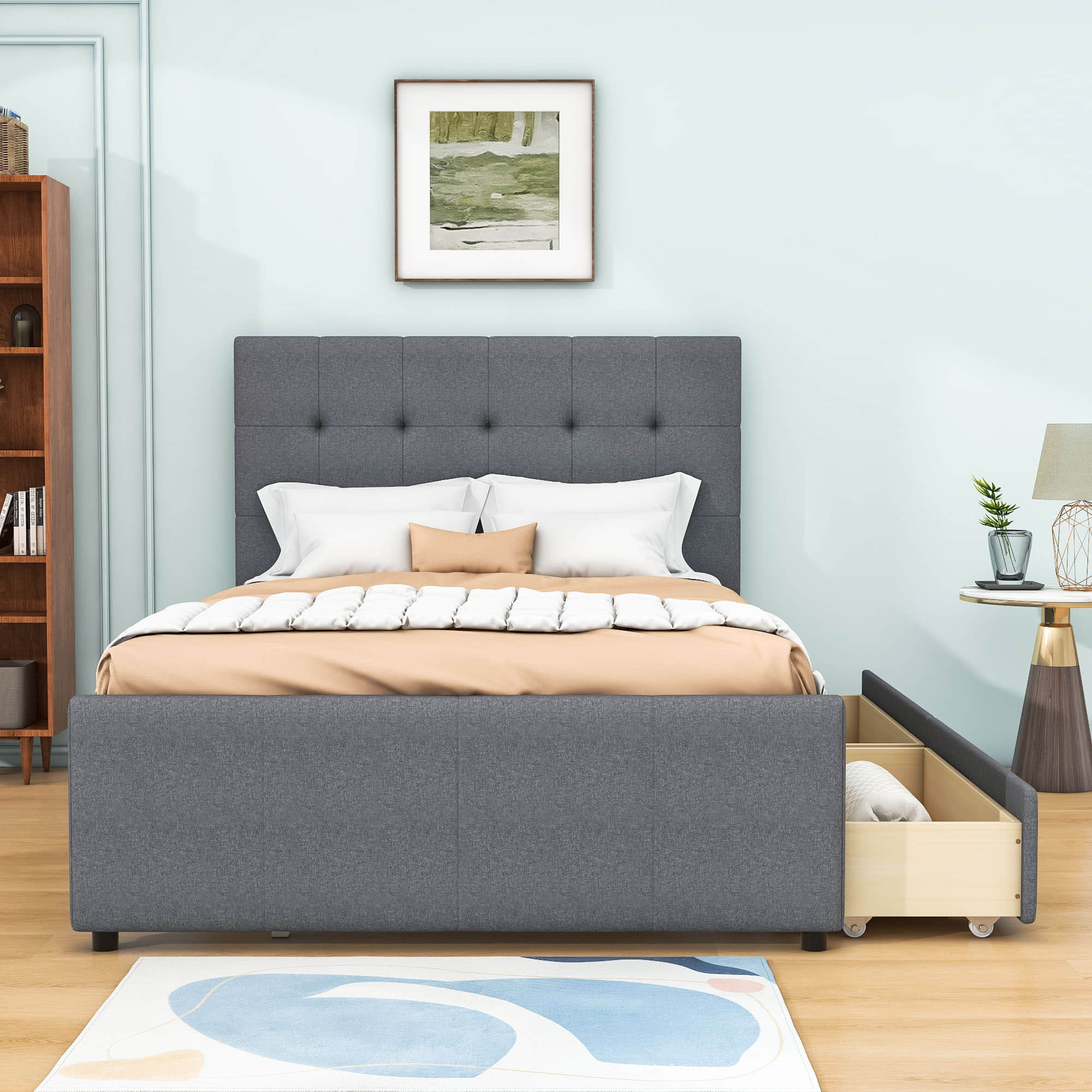 Full Size Linen Upholstered Platform Bed with Storage and Headboard - [Drawers]