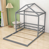 Wood House-Shaped Full Size Toddler Floor Bed with Rails