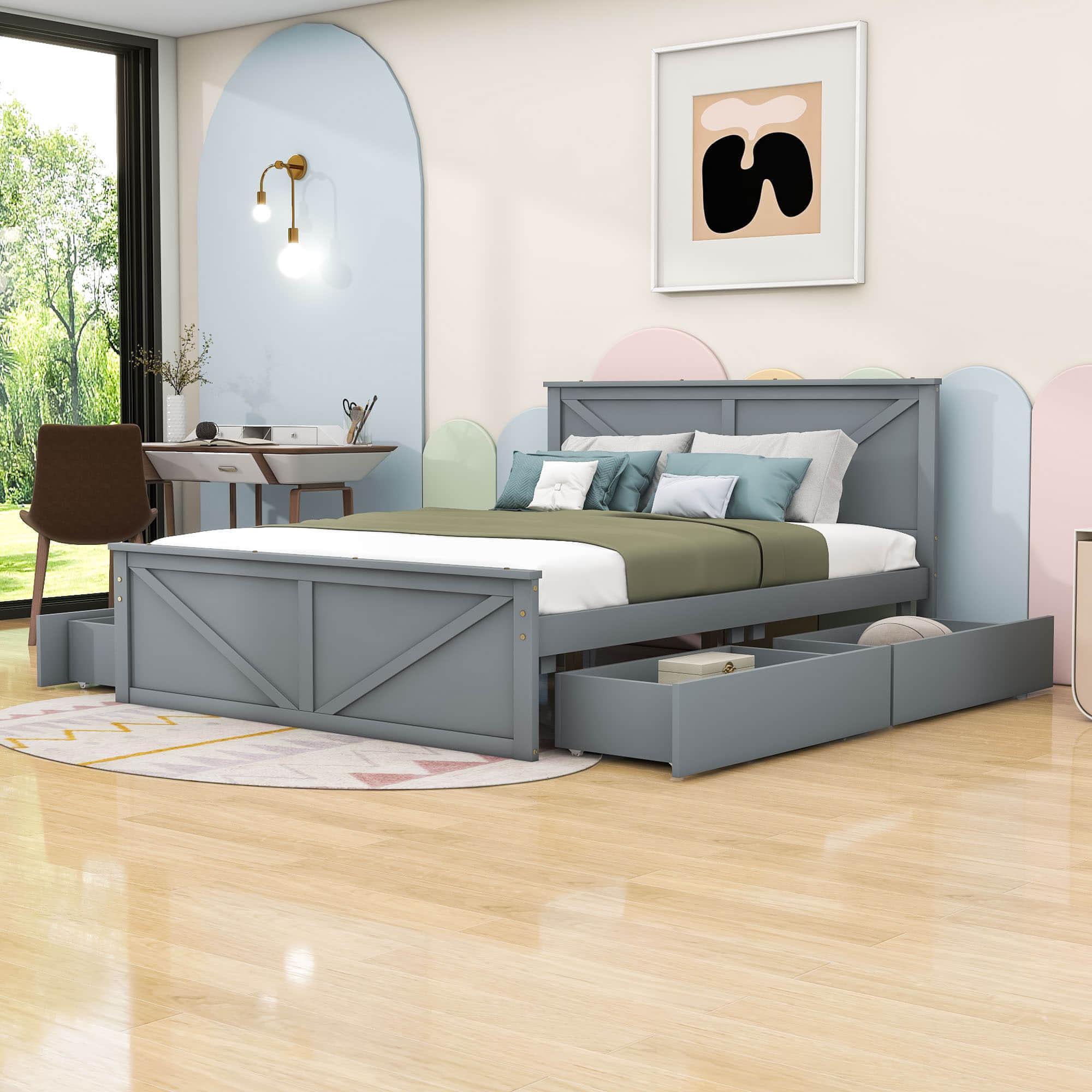 Queen Size Wooden Platform Bed with Headboard and Storage - [Drawers]