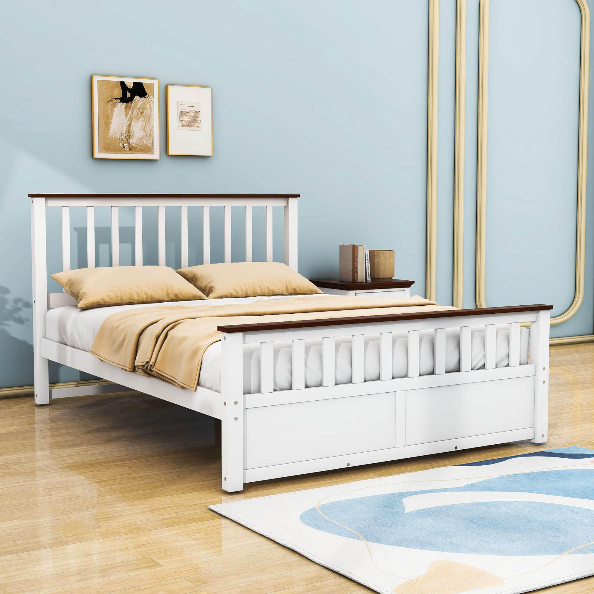 Wooden Queen Size Platform Bed Frame with Storage and Slat Headboard