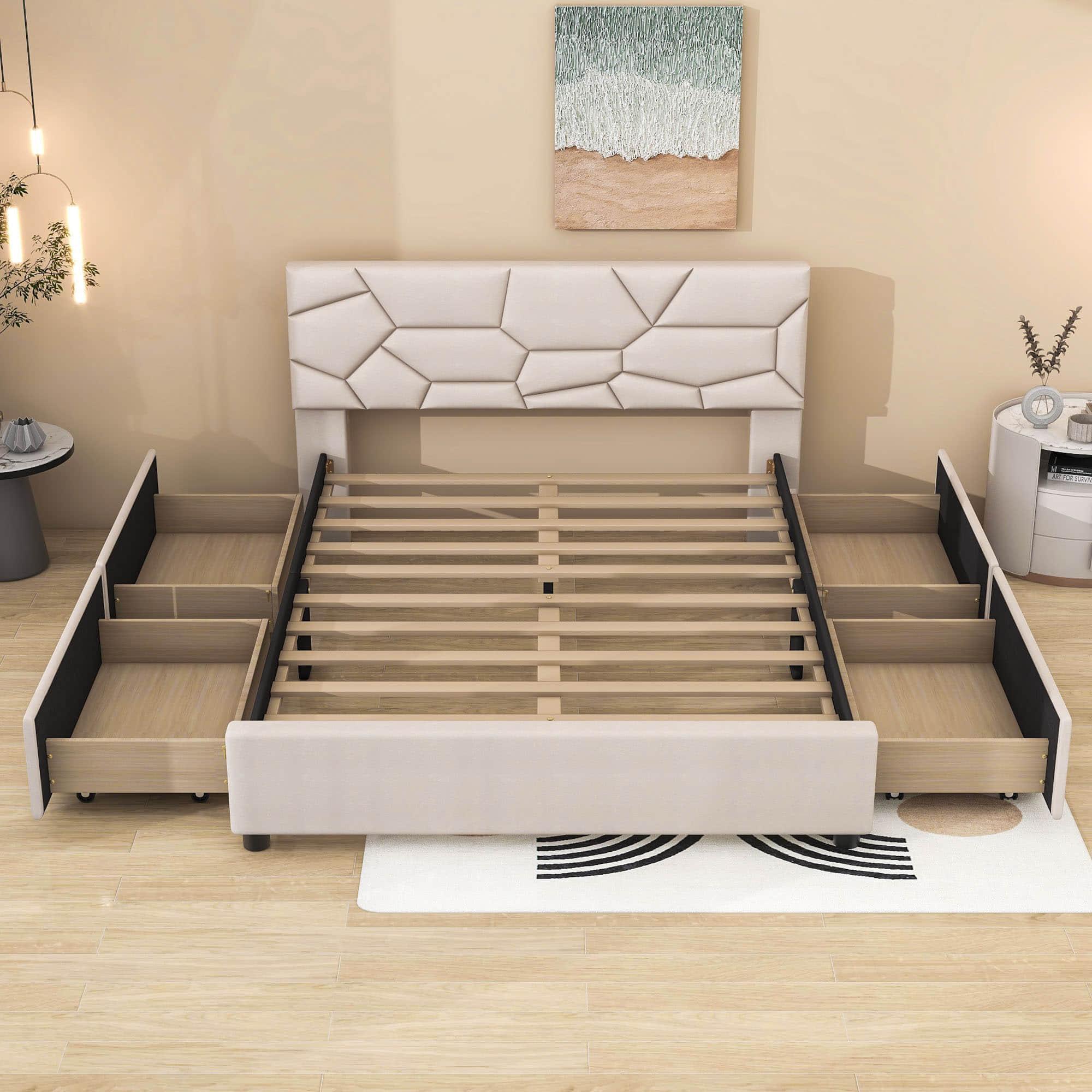 Queen Upholstered Platform Bed Frame with Headboard, Under Bed Storage