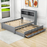 Full Platform Bed Frame with Twin Trundle and Storage Headboard, USB