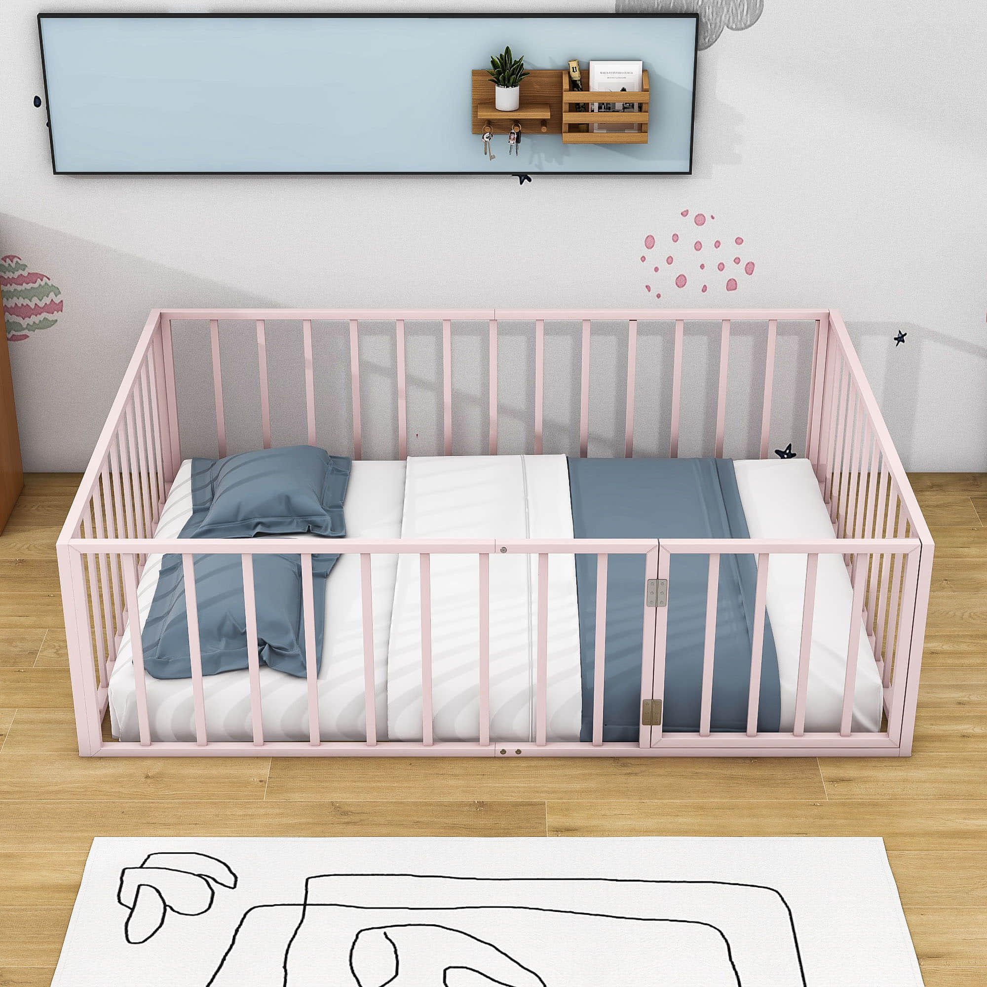 Montessori Full Size Metal Toddler Floor Bed with Rails for Kids