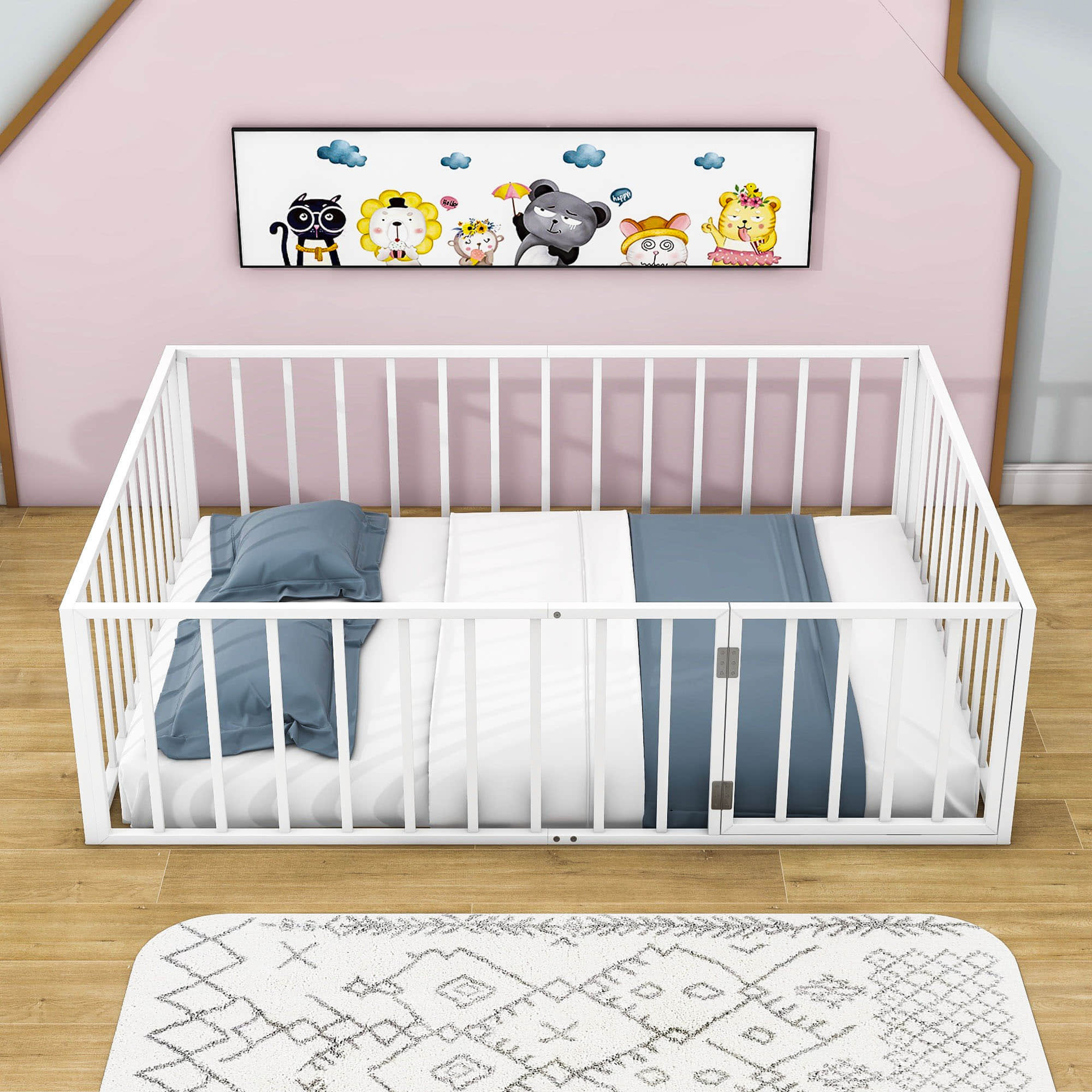 Montessori Full Size Metal Toddler Floor Bed with Rails for Kids