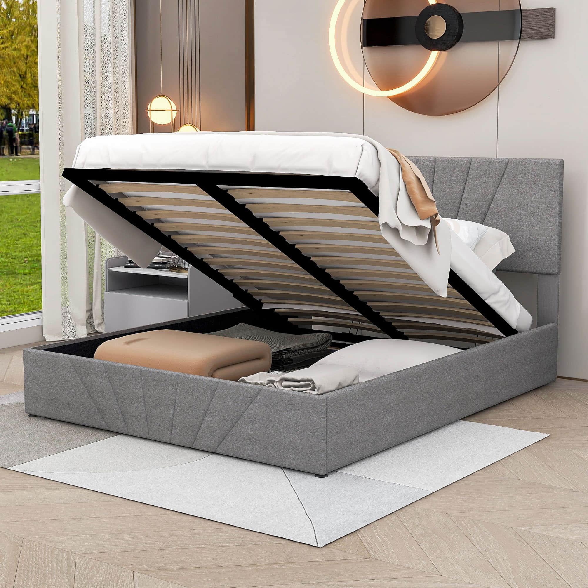 Upholstered Queen Size Platform Bed with Headboard and Hydraulic Storage System