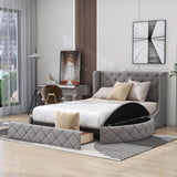 Upholstered Queen Platform Bed Frame with Wingback Headboard and Storage