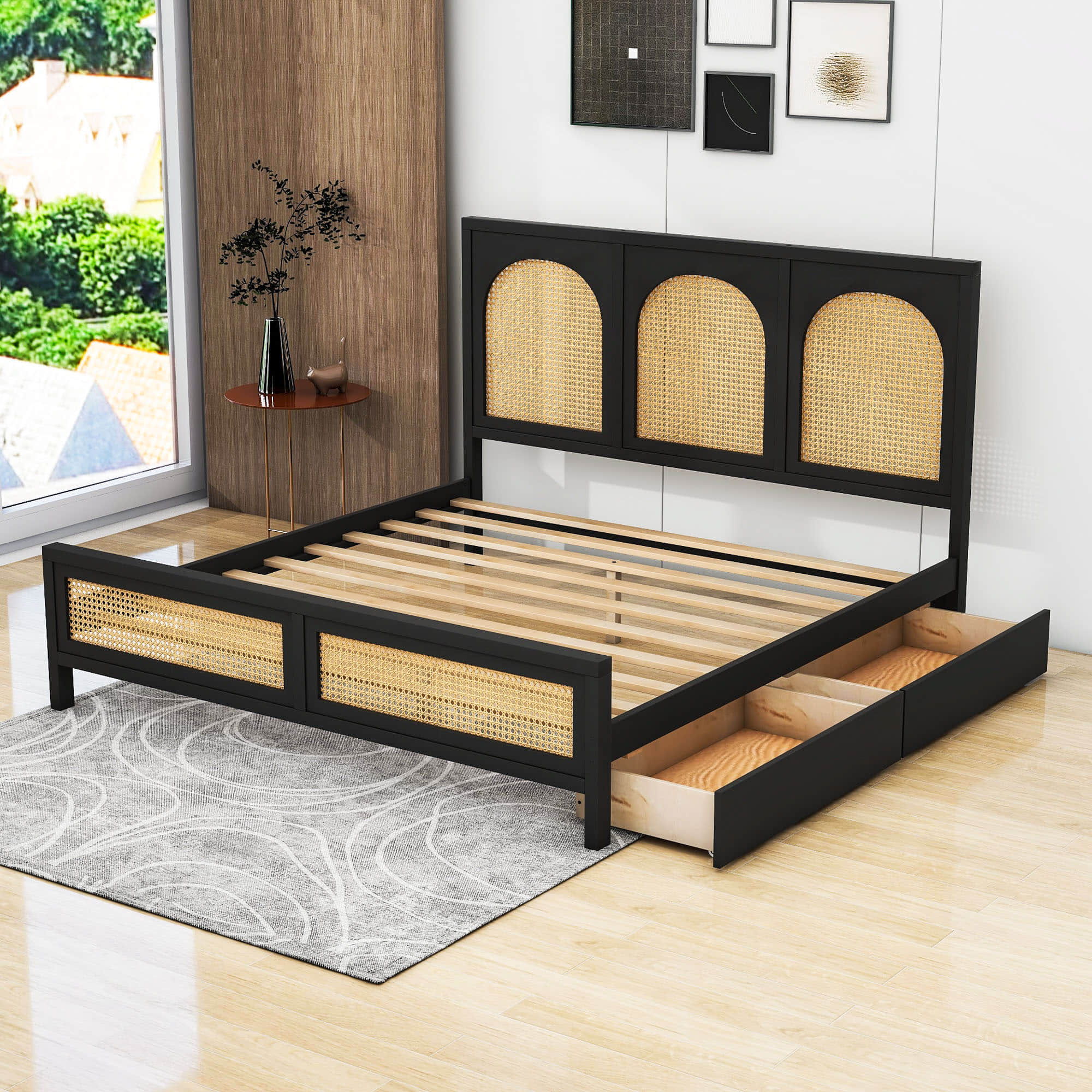 Queen Size Wood Platform Bed with Storage and Rattan Headboard