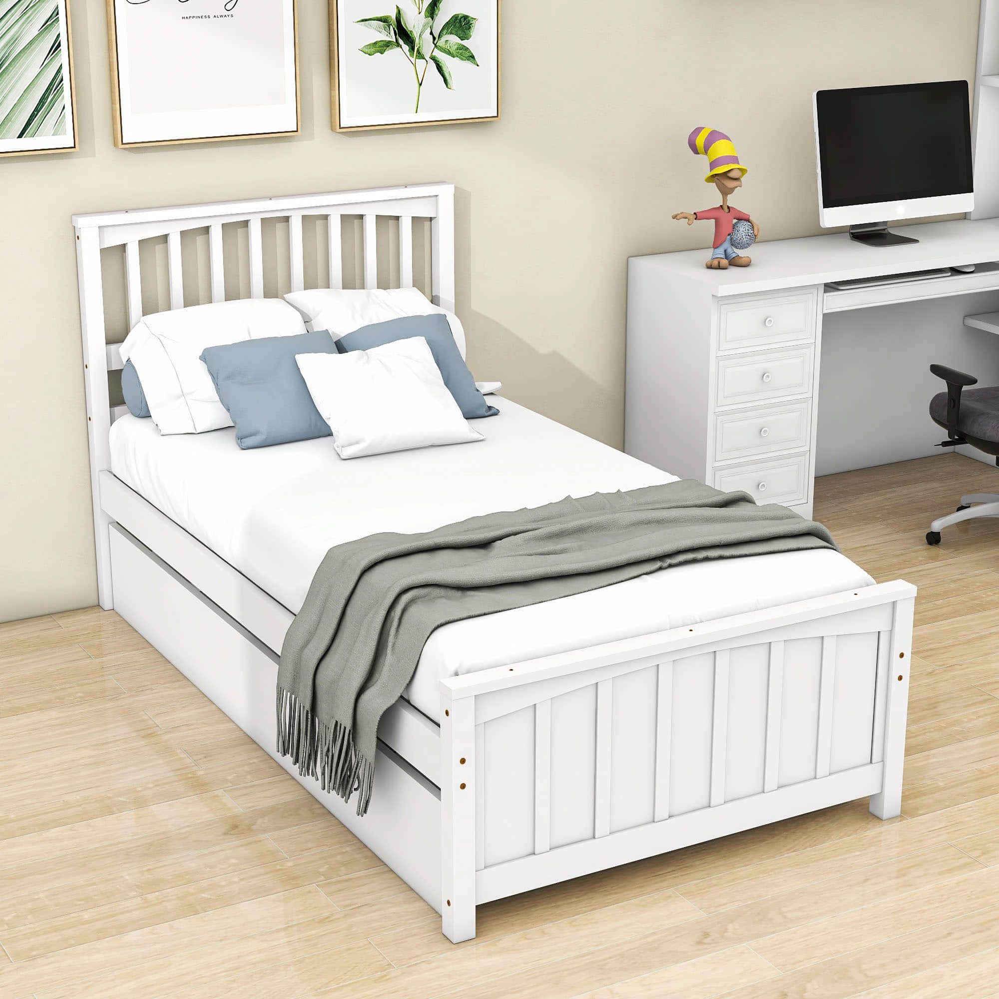 Twin Size Wood Platform Bed with Twin Trundle and Headboard