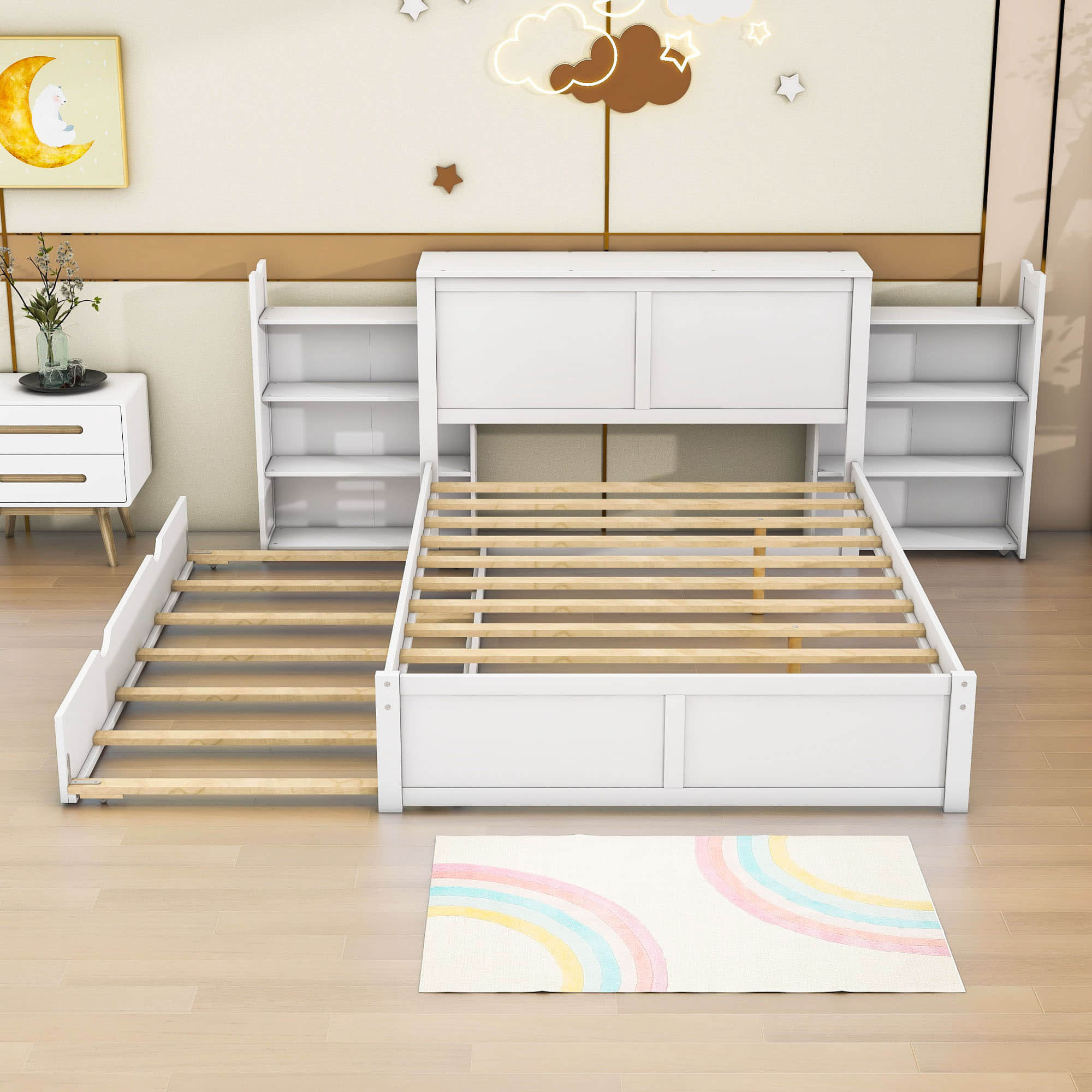 Full Platform Bed Frame with Pull Out Shelves and Twin Trundle