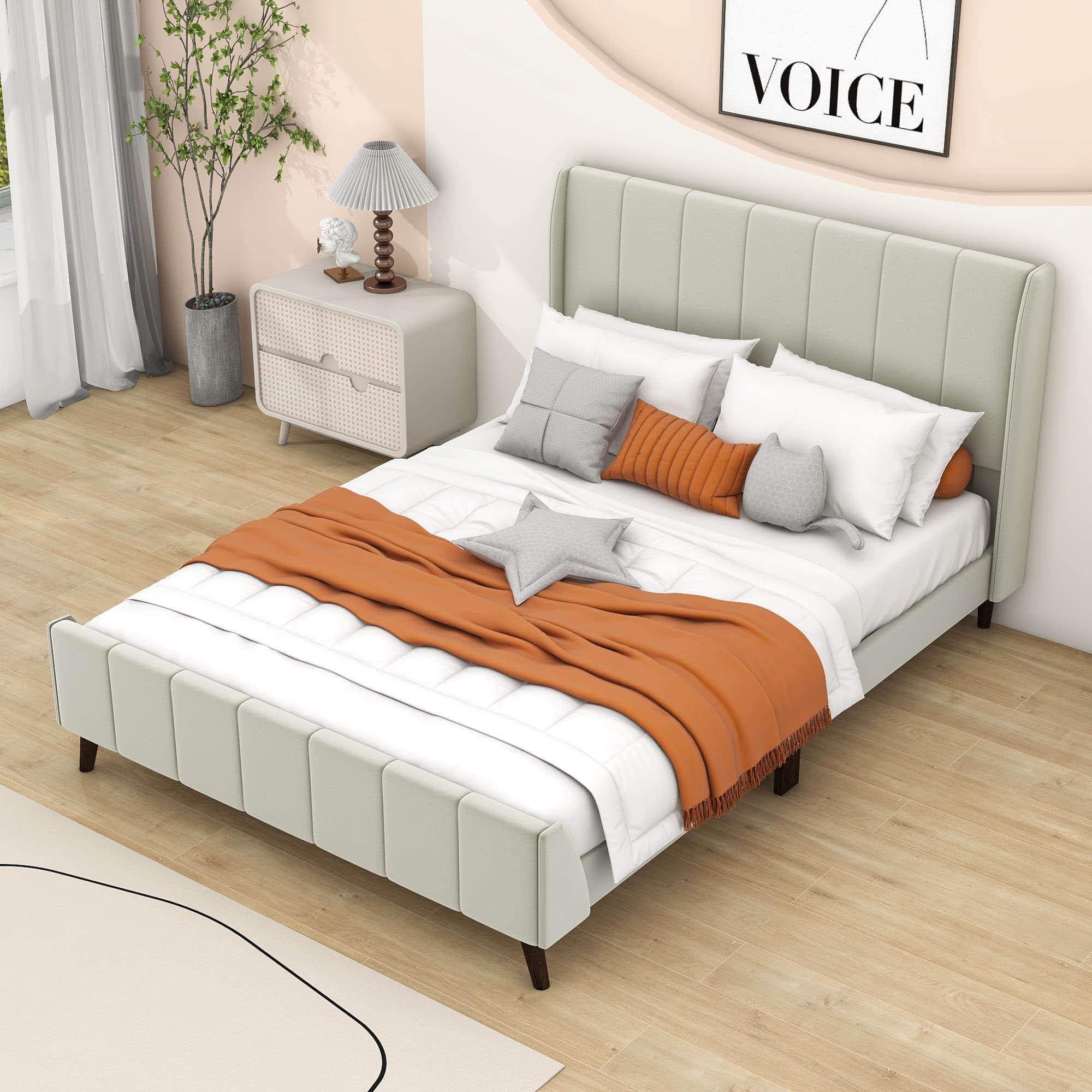 Modern Velvet Upholstered Queen Bed Frame with Wingback Headboard