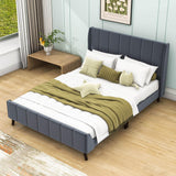 Modern Velvet Upholstered Queen Bed Frame with Wingback Headboard